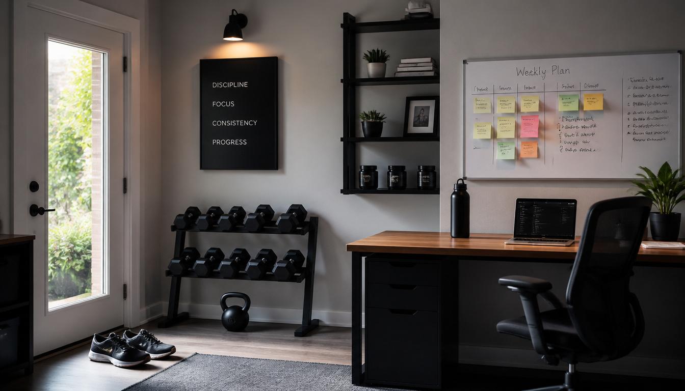 A perfectly organized home gym & workspace, running shoes placed by door, water bottle on desk, post-it notes visible, everything in its place, clean minimalist aesthetic, morning light, visual representation of environment design making habits obvious and easy.