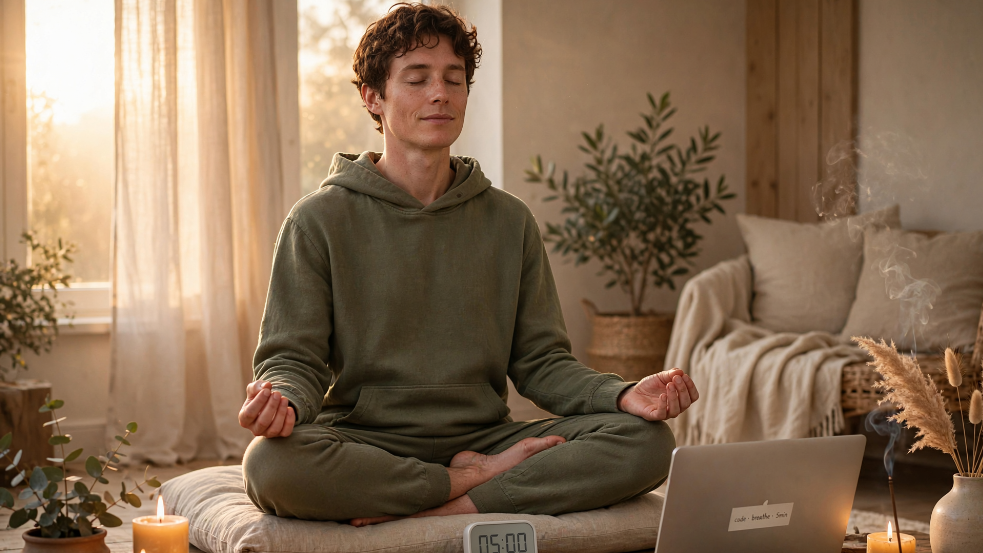 A person meditating in peaceful morning setting, soft theta-state ambiance, warm candlelight or sunrise glow, serene expression, symbolic representation of the critical 5-minute programming window