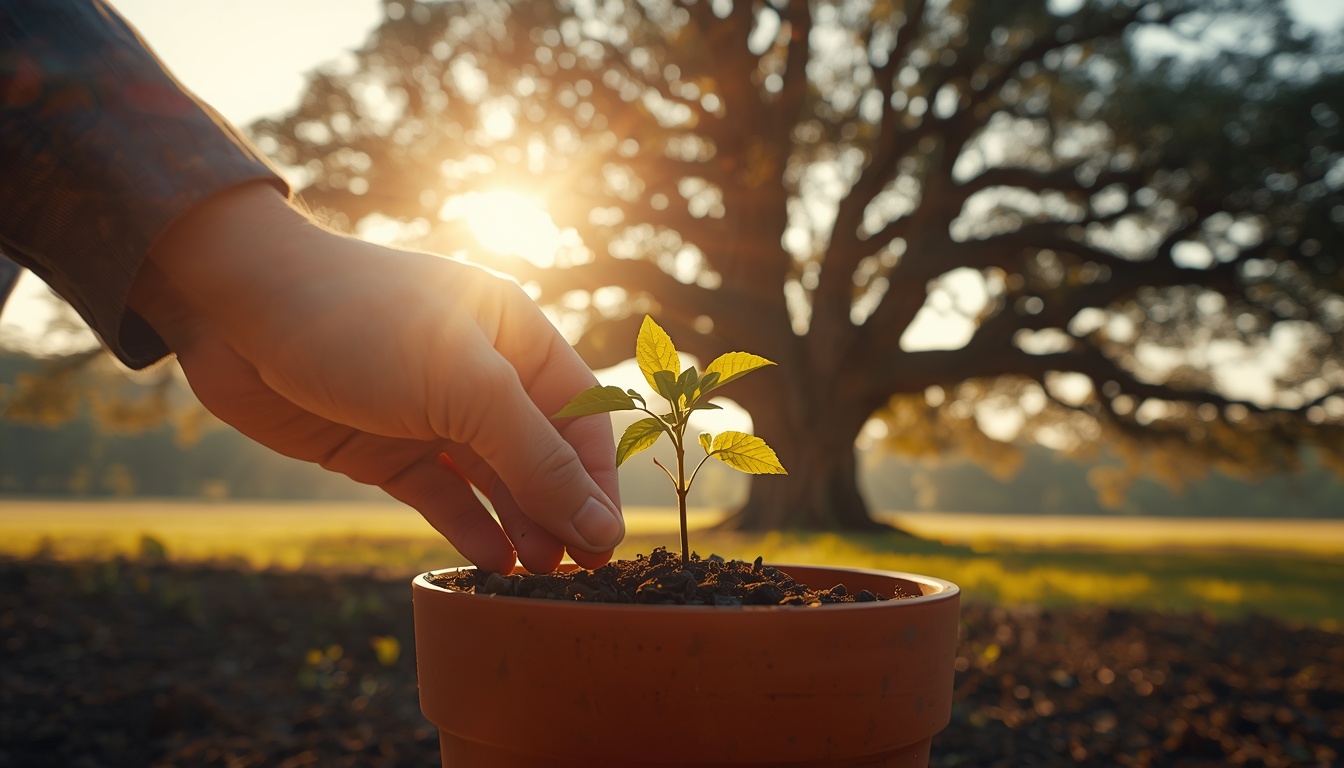 A conceptual double-exposure composition. In the foreground, sharp and highly detailed, a person's hands are carefully planting a single, small green seedling into a terracotta pot, bathed in focused morning light (representing the 1-hour short-term action). Fading into the background and blending beautifully with the sunlight, the background reveals the silhouette of a massive, ancient, sprawling oak tree with deep roots and wide branches reaching into a bright sky (representing the 10-year long-term vision). Cinematic lighting, golden hour glow, symbolizing how small daily actions compound into massive long-term results!
