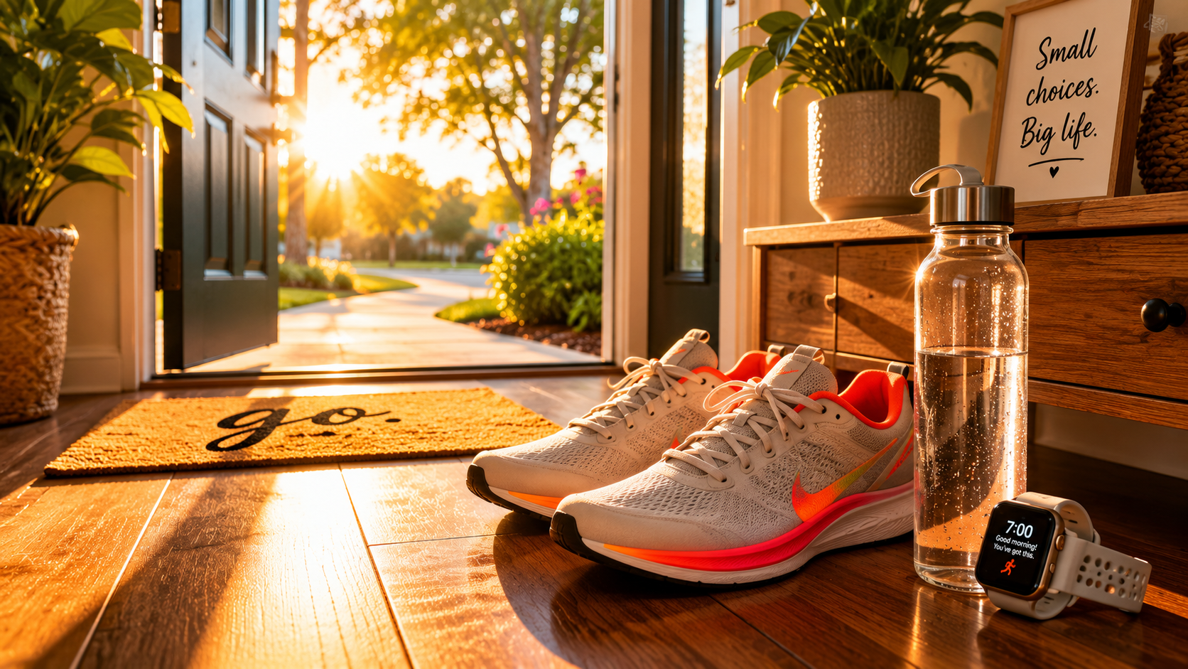 A pair of bright, modern running shoes are placed deliberately on a clean wooden entryway floor, right next to the front door. Beside them is a sleek glass water bottle