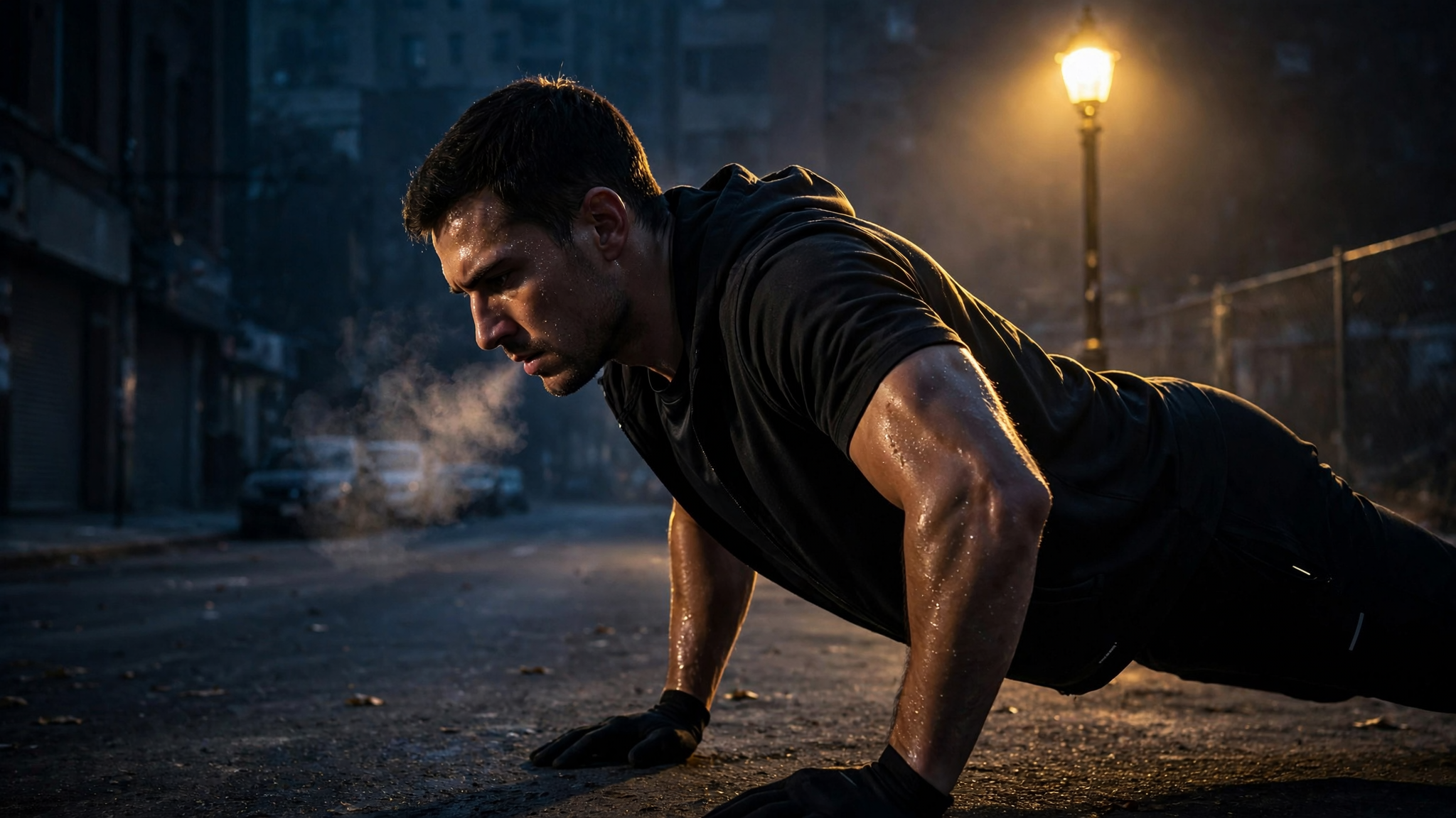 A person training alone in pre-dawn darkness, doing push-ups, visible breath in cold air, single streetlight creating dramatic rim lighting, sweat visible, intense determination on face, urban environment, representing relentless execution when nobody's watching