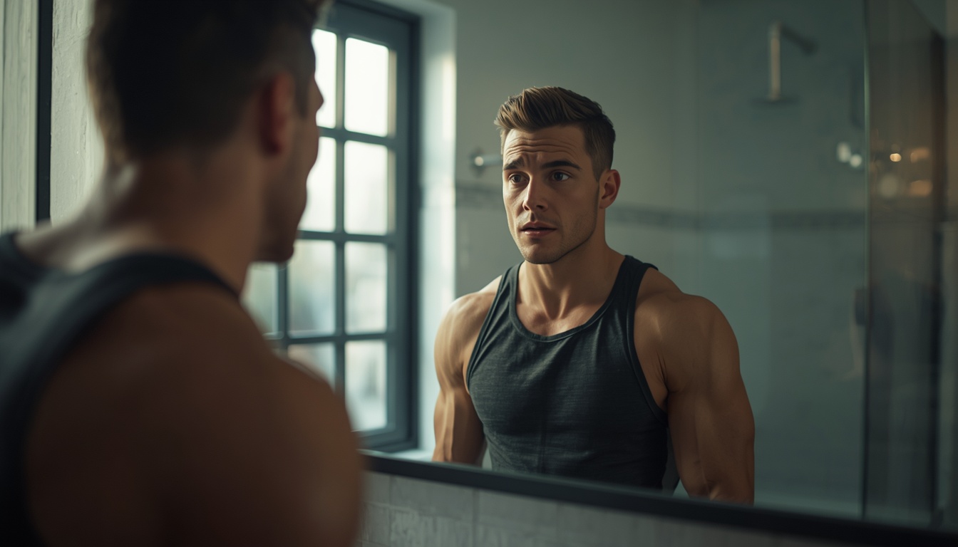 A person looking at their reflection in a bathroom mirror, early morning light filtering through window, intense eye contact with their own reflection, visible transformation journey (athletic build, determined expression), symbolic of facing your toughest opponent.