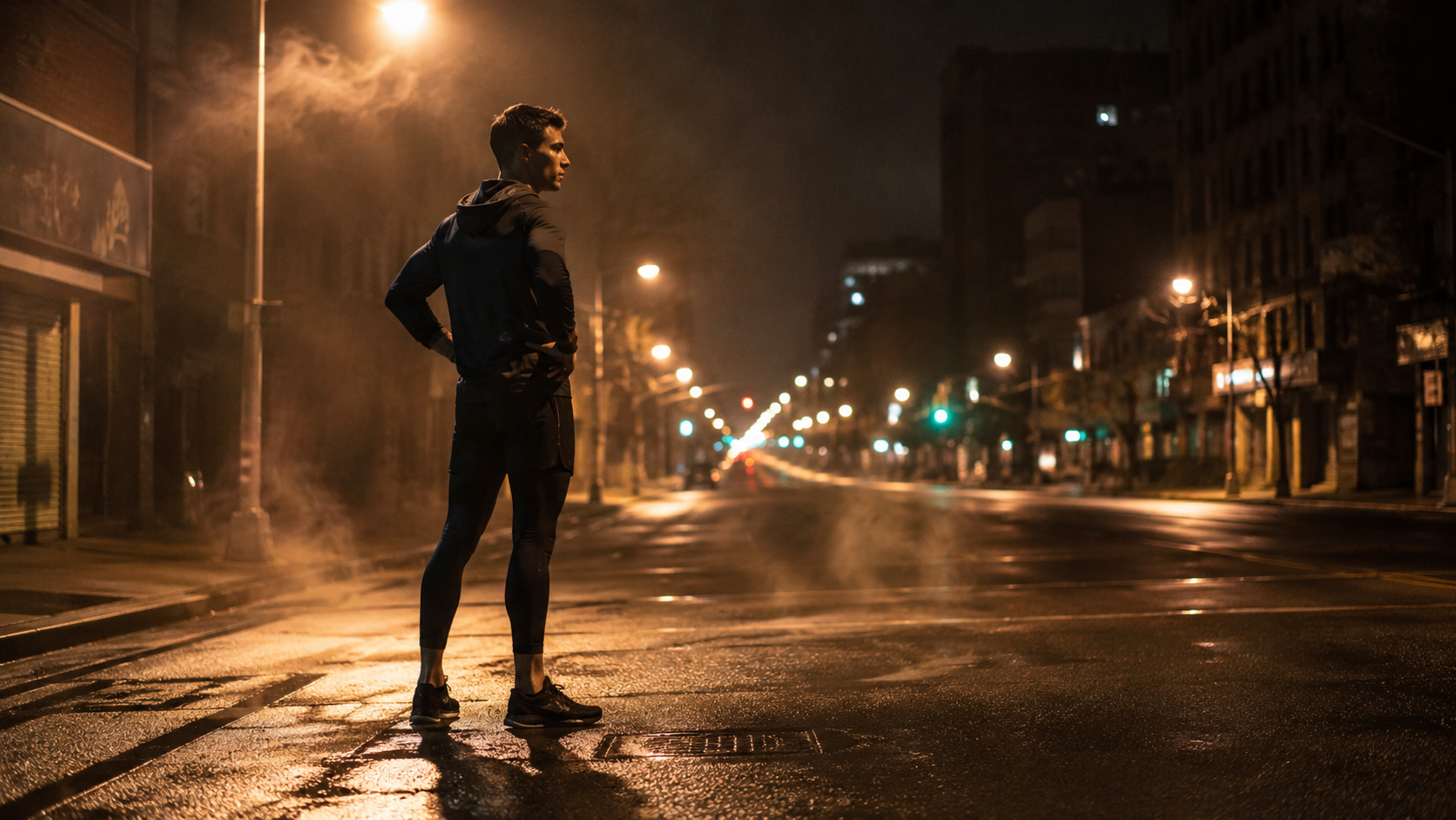 A determined person standing alone on an empty city street at 3:00 AM, streetlights casting dramatic shadows, mist rising from pavement, person in athletic wear looking toward horizon with intense focus, symbolizing early morning dedication and separation from the crowd