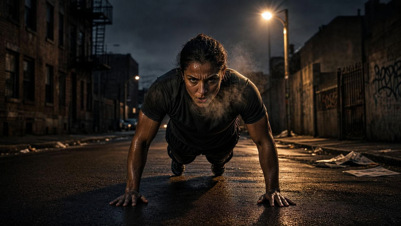 A person training alone in pre-dawn darkness, doing push-ups, visible breath in cold air, single streetlight creating dramatic rim lighting, sweat visible, intense determination on face, urban environment, representing relentless execution when nobody's watching