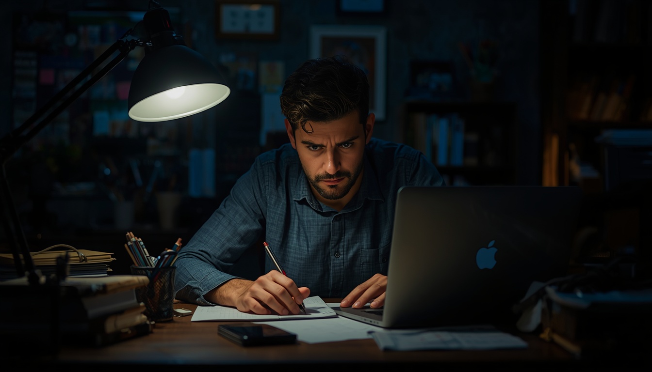 A person working intensely at a desk, single light source illuminating their focused expression, surrounded by tools of their craft (books, laptop), visible effort and determination, representing the 'extra' effort that creates extraordinary results.