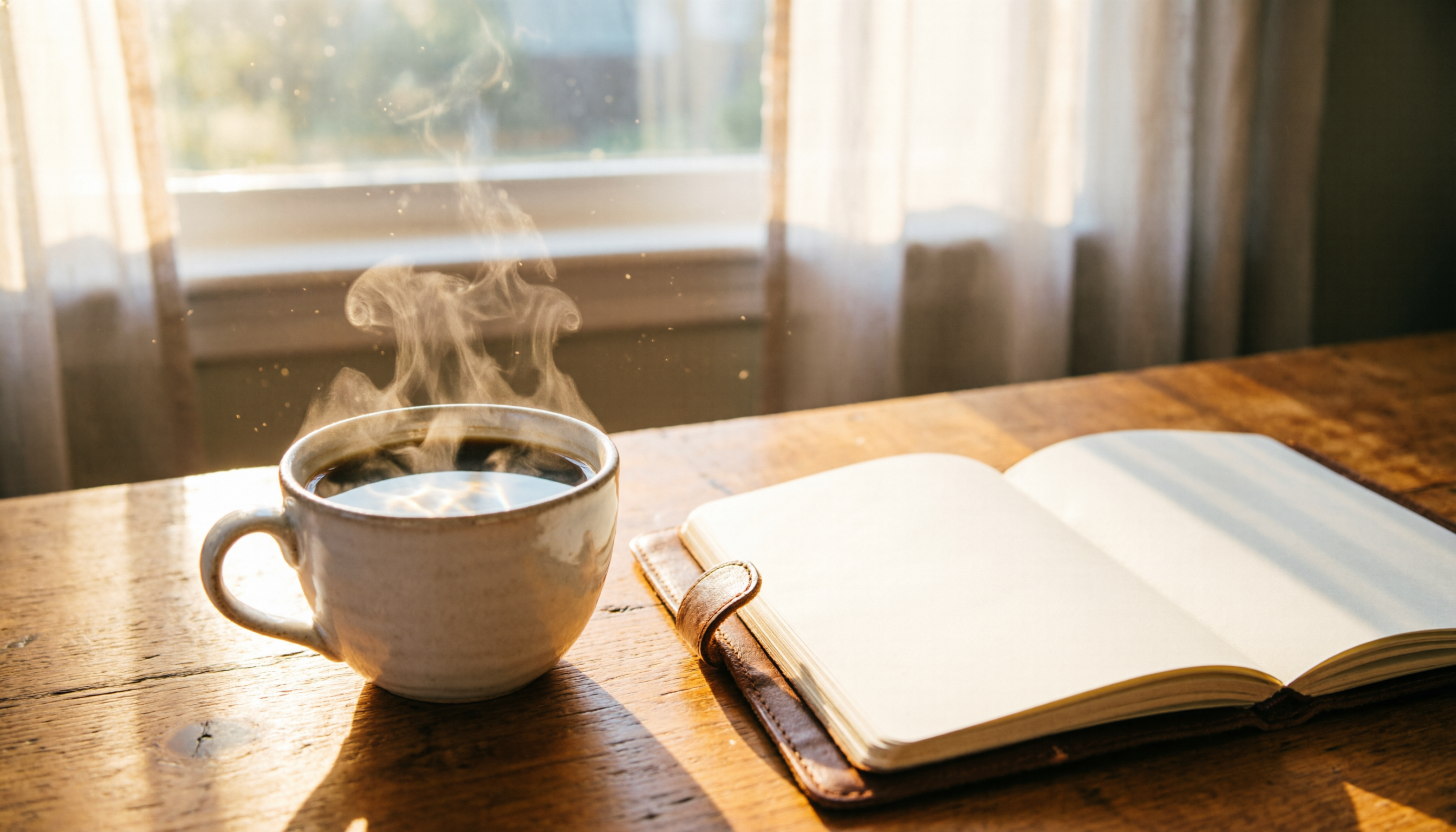 A serene, photorealistic morning scene with a steaming cup of coffee next to a journal on a wooden desk, soft golden hour sunlight streaming through a window, symbolizing the calm start to a well-planned day! A serene, photorealistic morning scene with a steaming cup of coffee next to a journal on a wooden desk, soft golden hour sunlight streaming through a window, symbolizing the calm start to a well-planned day!