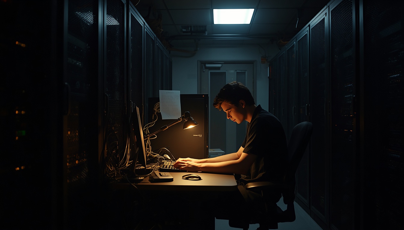 A photorealistic, dimly lit server room from the 1990s, with a young professional studying at a desk illuminated by a single warm desk lamp, surrounded by cables and hardware, showing dedication after hours. A photorealistic, dimly lit server room from the 1990s, with a young professional studying at a desk illuminated by a single warm desk lamp, surrounded by cables and hardware, showing dedication after hours.