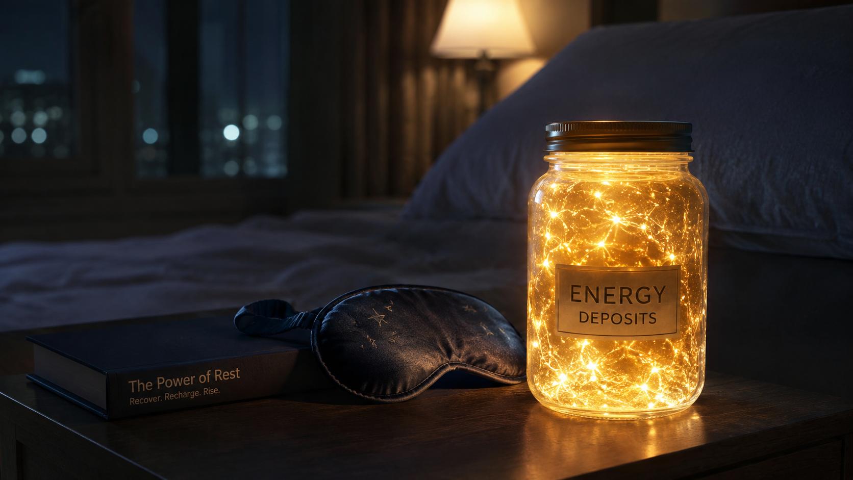 A conceptual, photorealistic image of a glowing, ethereal glass jar filled with golden light (representing energy deposits) sitting on a nightstand next to a sleeping mask and a book, symbolizing evening recovery. A conceptual, photorealistic image of a glowing, ethereal glass jar filled with golden light (representing energy deposits) sitting on a nightstand next to a sleeping mask and a book, symbolizing evening recovery.