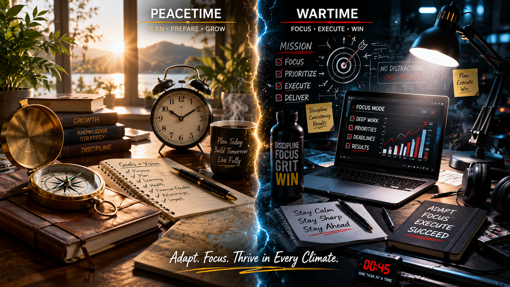 A photorealistic split composition: on the left, a calm, organized workspace with a compass and a clock (peacetime); on the right, a dynamic, focused environment with a single spotlight on a laptop (wartime), representing adapting to different life climates. A photorealistic split composition: on the left, a calm, organized workspace with a compass and a clock (peacetime); on the right, a dynamic, focused environment with a single spotlight on a laptop (wartime), representing adapting to different life climates.
