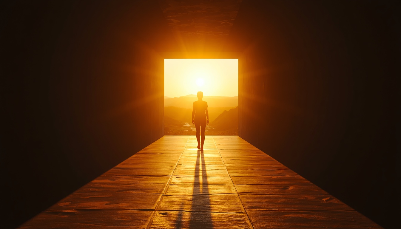 A photorealistic, cinematic wide shot of a person taking a confident, relaxed step forward out of a shadowed, structured hallway into a breathtaking, sun-drenched morning landscape. The lighting is brilliant golden hour sunrise, symbolizing a moment of profound clarity and 'waking up' to a new reality. The path ahead is smooth, beautifully illuminated, and opens up effortlessly toward a vibrant, peaceful, and expansive horizon. The mood is empowering, serene, and full of forward momentum, capturing the exact feeling of taking action and stepping into their dream life with absolute ease. A photorealistic, cinematic wide shot of a person taking a confident, relaxed step forward out of a shadowed, structured hallway into a breathtaking, sun-drenched morning landscape. The lighting is brilliant golden hour sunrise, symbolizing a moment of profound clarity and 'waking up' to a new reality. The path ahead is smooth, beautifully illuminated, and opens up effortlessly toward a vibrant, peaceful, and expansive horizon. The mood is empowering, serene, and full of forward momentum, capturing the exact feeling of taking action and stepping into their dream life with absolute ease.