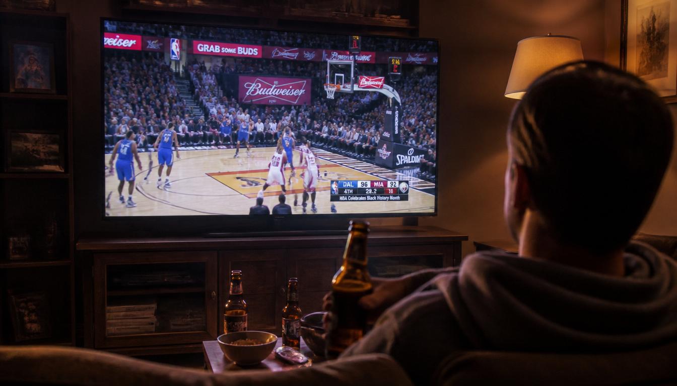 A person watching a major sporting event on TV, with alcohol branding visible on stadium signage and commercials. The person is holding a drink, looking relaxed. 