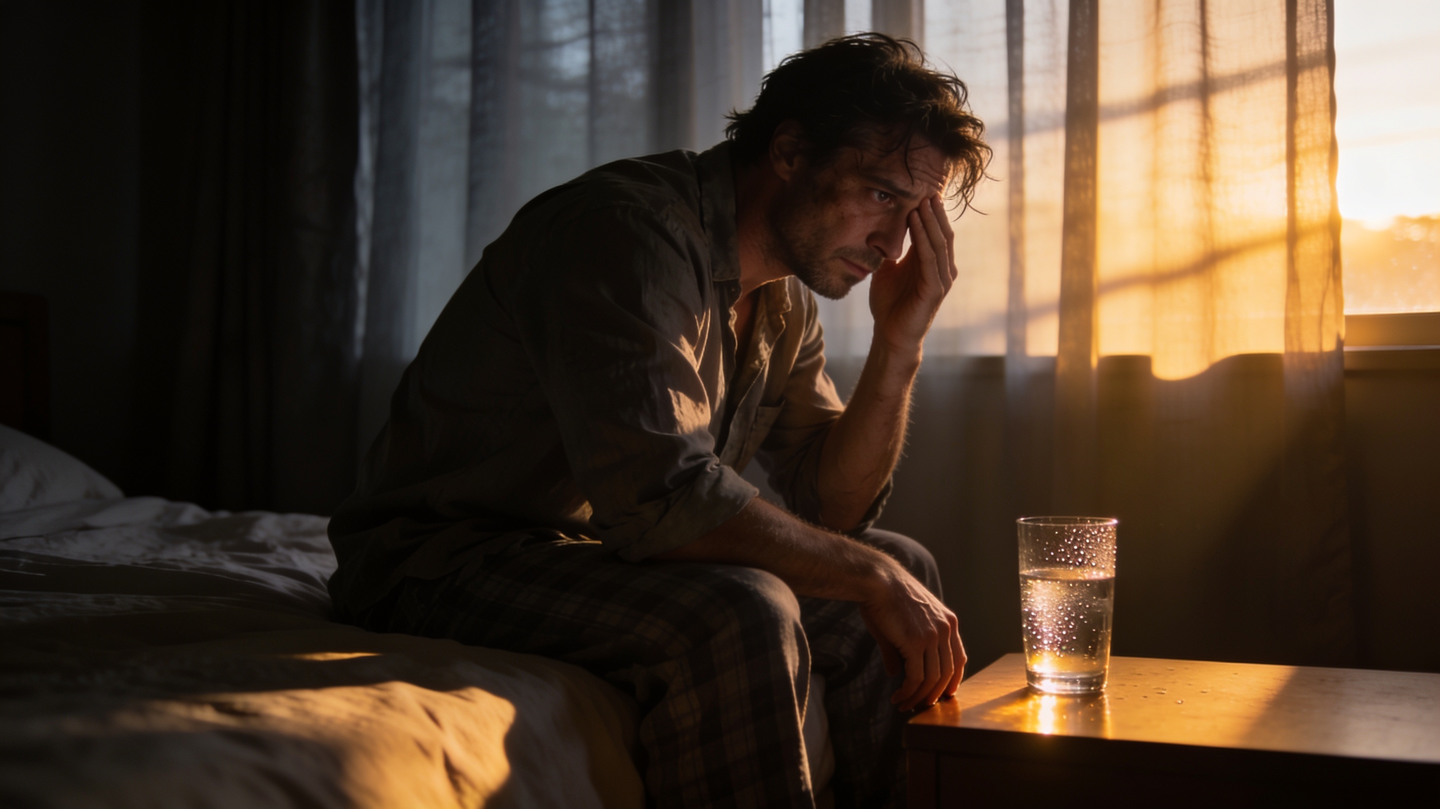 A tired but determined-looking man in his 30s sitting on the edge of his bed in the early morning light, rubbing his face and looking thoughtfully at a glass of water on the nightstand. The lighting is moody but transitioning to soft morning sun, symbolizing the physical toll of poor sleep and the start of recovery. 