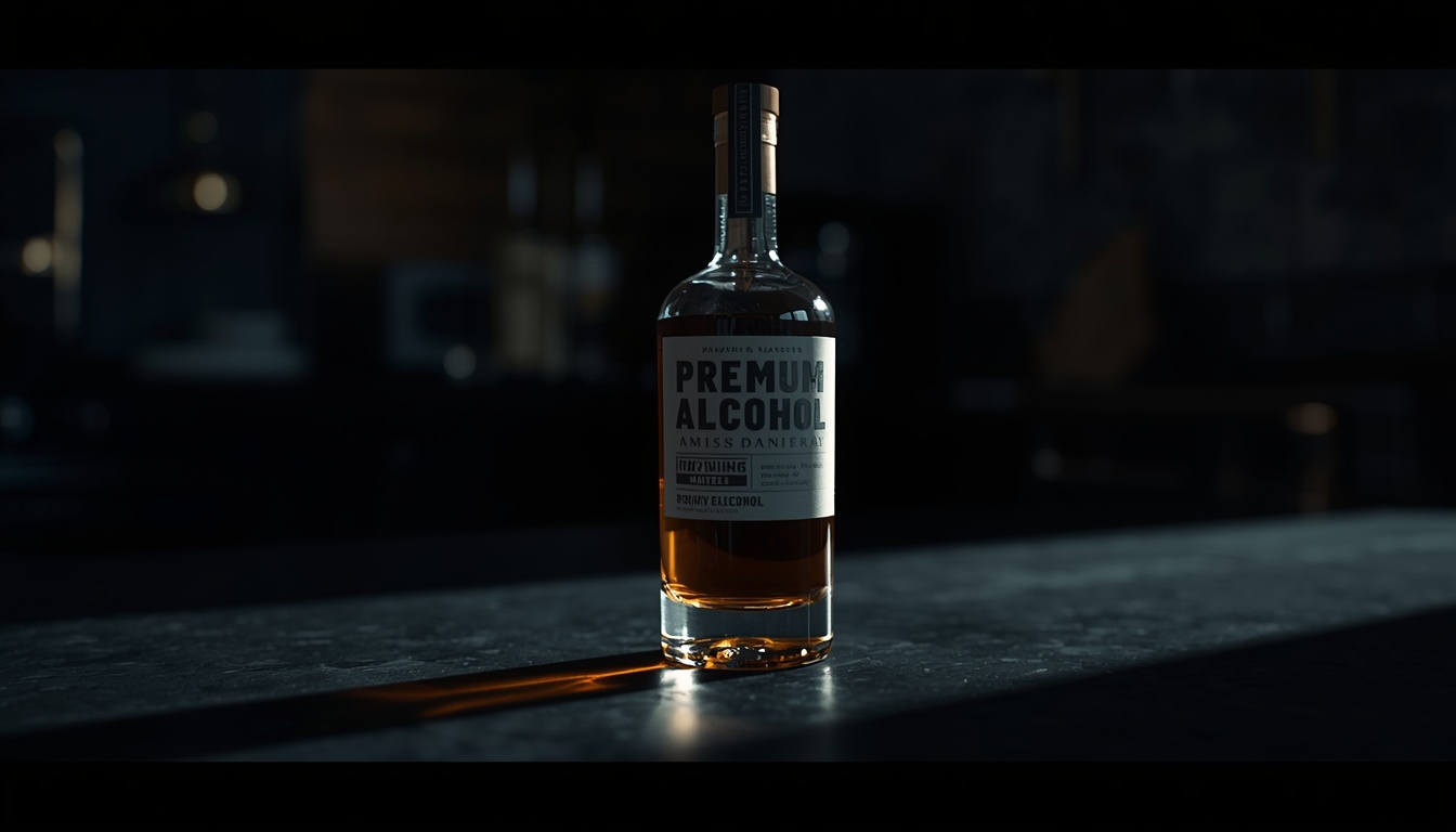 A close-up, photorealistic shot of a premium glass alcohol bottle sitting on a dark, moody kitchen counter. The label is slightly out of focus, but the glass catches a harsh, dramatic shadow, symbolizing hidden dangers and missing warning labels. 