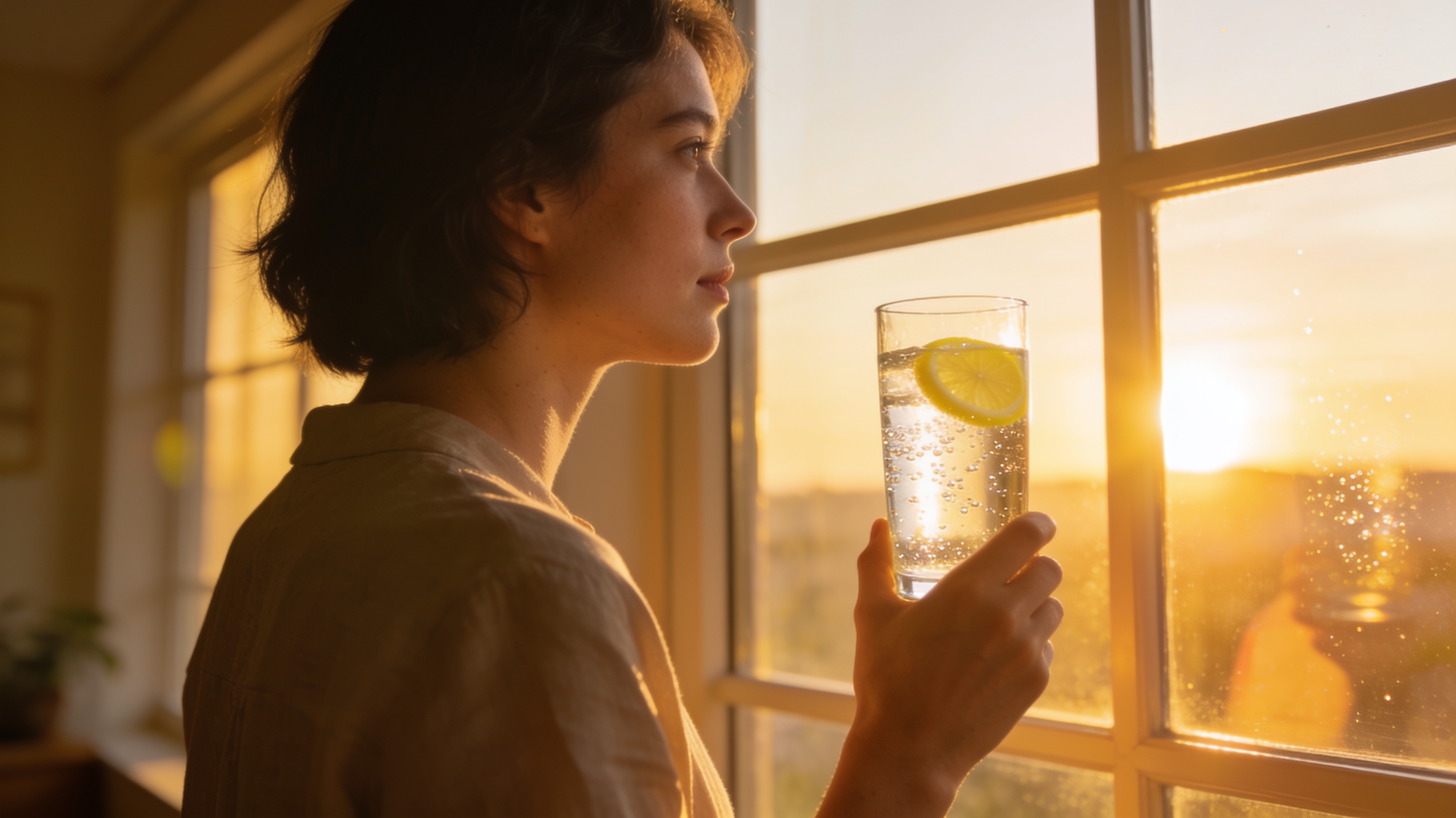 A person standing by a large window at sunrise, holding a glass of clear sparkling water with lemon, looking out with a calm, empowered, and clear expression. Warm, golden morning light flooding the room, symbolizing clarity, conscious choice, and a fresh start.