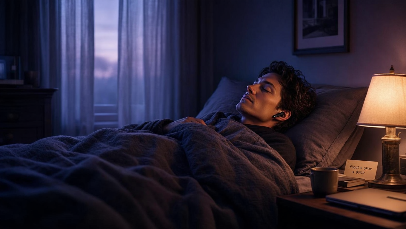 Photorealistic intimate image of a person lying in bed in the pre-dawn darkness, eyes peacefully closed, wearing wireless earbuds. Soft blue-purple twilight light filtering through curtains, creating a calm, sacred atmosphere. The person's face is serene and focused, cocooned in cozy blankets. A small bedside lamp casts a warm glow. The feeling is quiet determination, the world still asleep but this person is already building their future. 