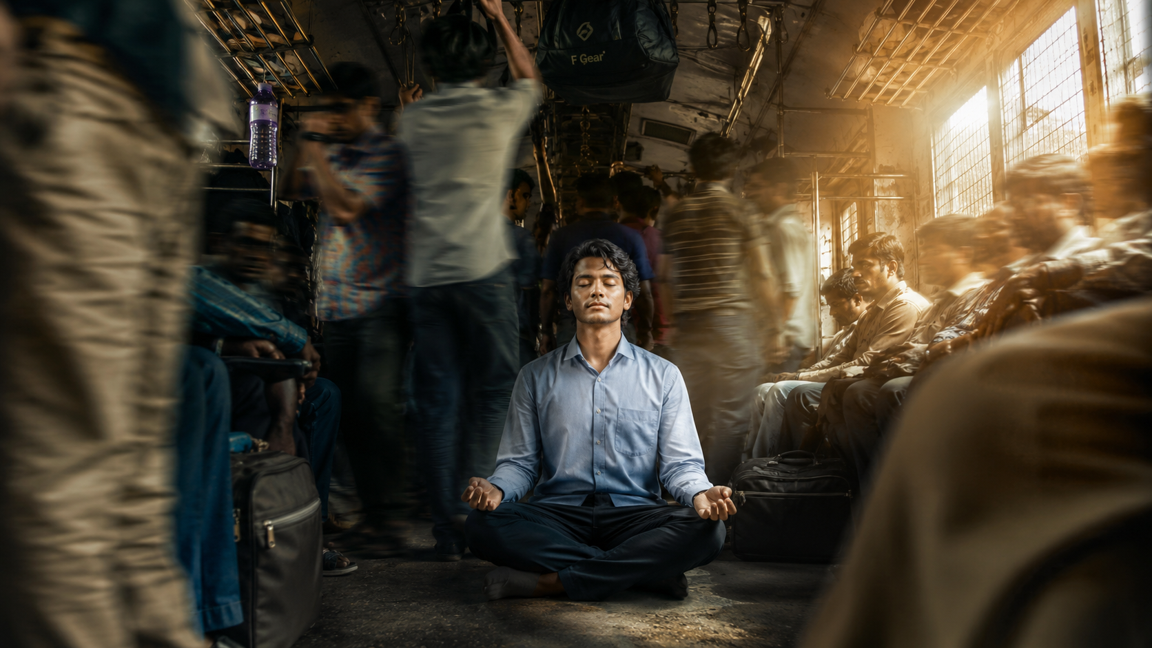 A person sitting peacefully in meditation pose on a crowded, chaotic train car. Sunlight streams through dirty windows. The person is calm, eyes closed, hands on knees, surrounded by blurred motion of commuters, luggage, and urban chaos. 