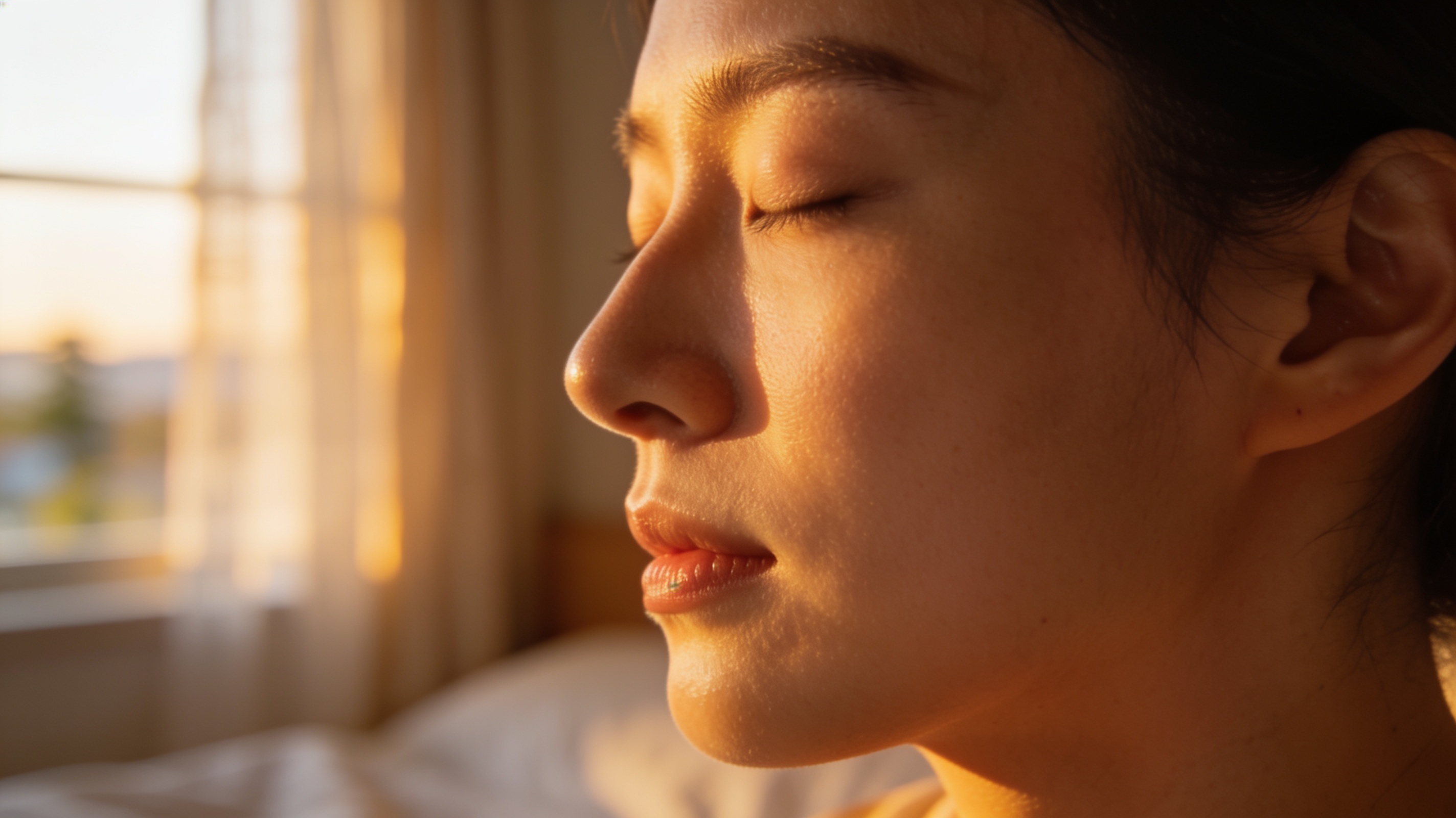 Photorealistic close-up of a person's face in profile, eyes closed, peaceful expression, early morning golden hour light illuminating their features. Soft focus background suggesting a bedroom window. Calm, serene, meditative atmosphere. 