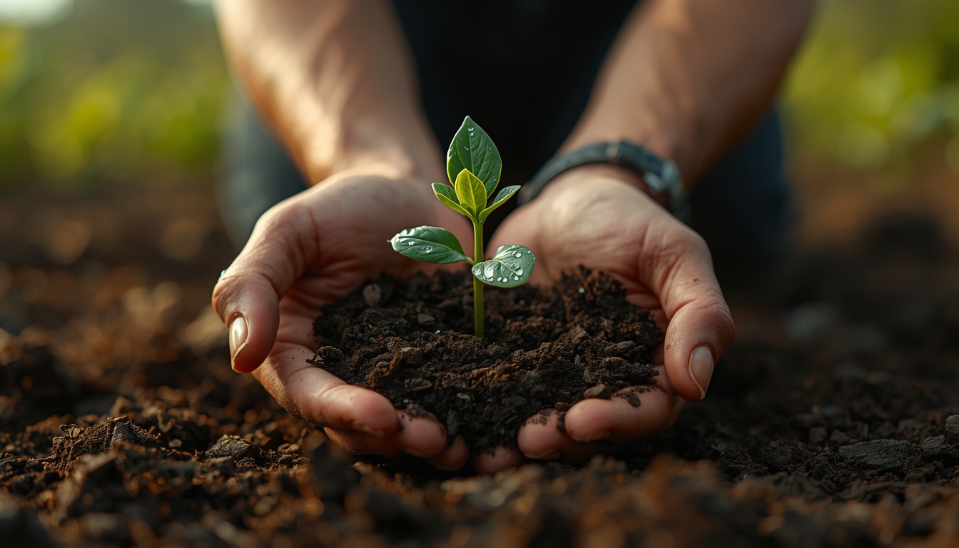 A person's hands holding a small seedling with rich dark soil, planting it in a garden. Morning light, dew drops on leaves, symbolizing growth and intention. 