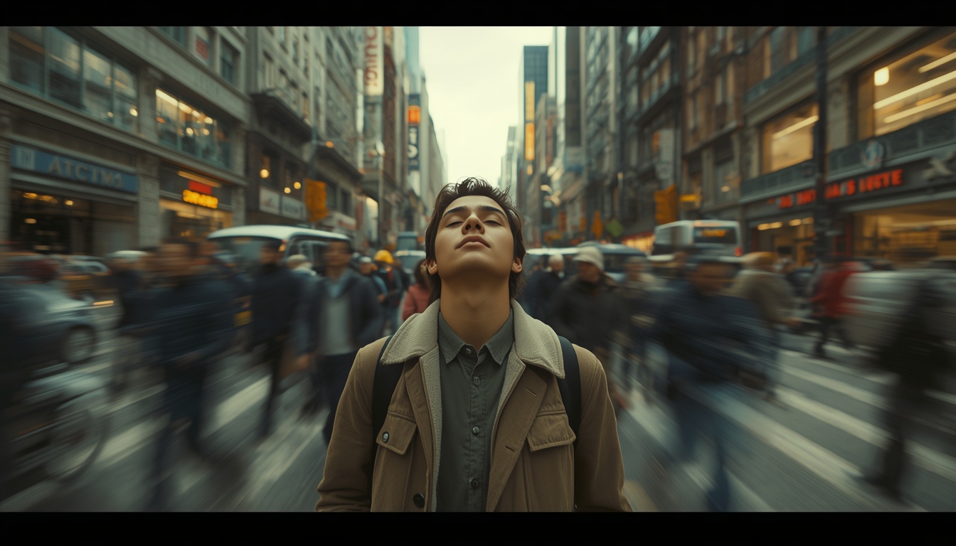 A person standing confidently in a chaotic urban environment (busy street, traffic, crowds) but appearing calm and centered. They're taking a deep breath, eyes closed for a moment, peaceful despite surrounding motion blur of city life.