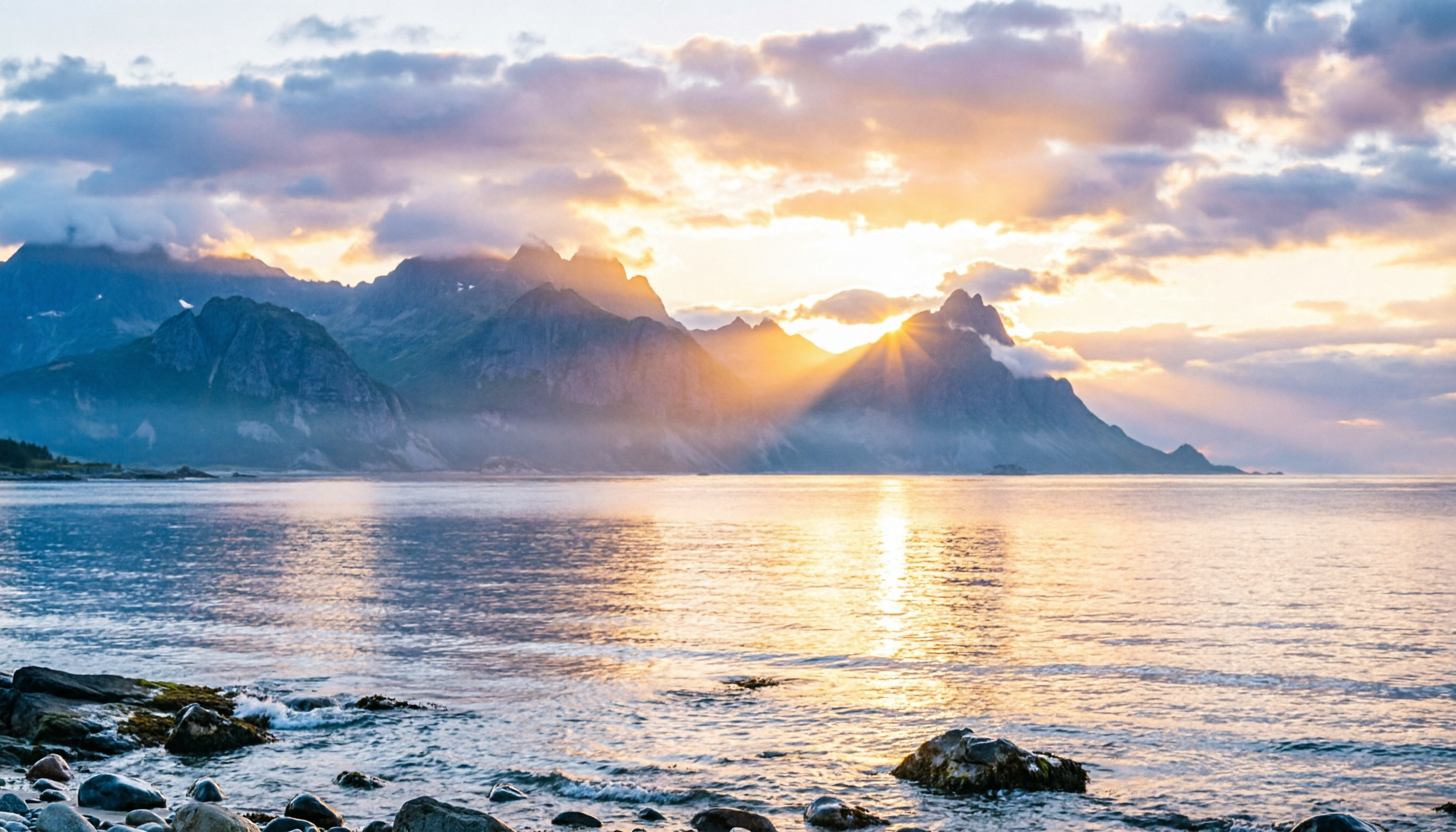 A sunrise over a peaceful landscape (mountain & ocean horizon), golden light breaking through, symbolizing new beginnings and theta state mornings.