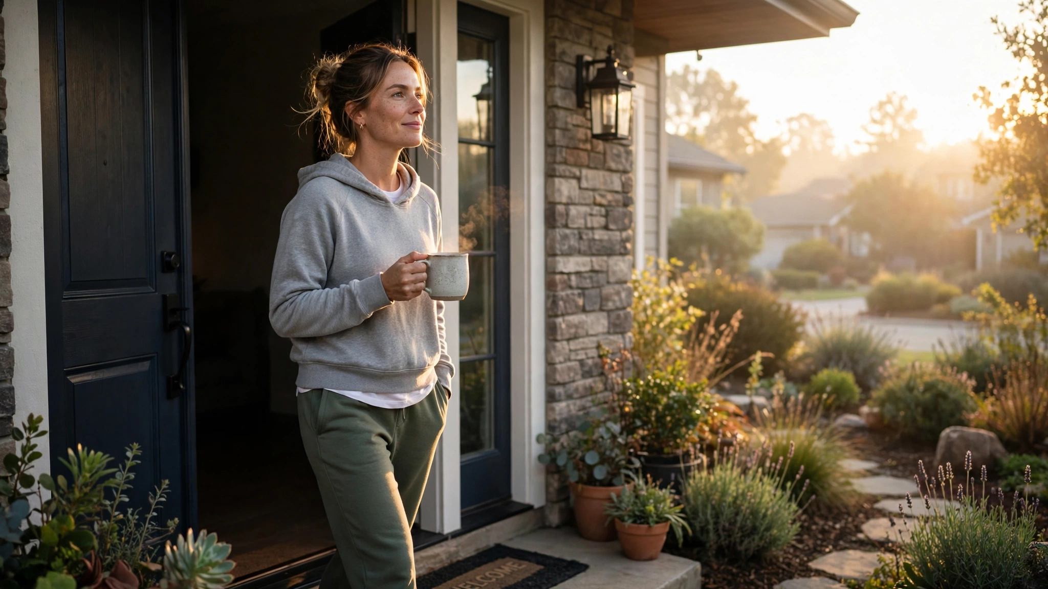 A person stepping outside their front door into early morning sunlight, holding a coffee mug, wearing comfortable clothes, soft golden sunrise light illuminating their face with a peaceful expression. Background shows a suburban home with natural landscaping. A person stepping outside their front door into early morning sunlight, holding a coffee mug, wearing comfortable clothes, soft golden sunrise light illuminating their face with a peaceful expression. Background shows a suburban home with natural landscaping.