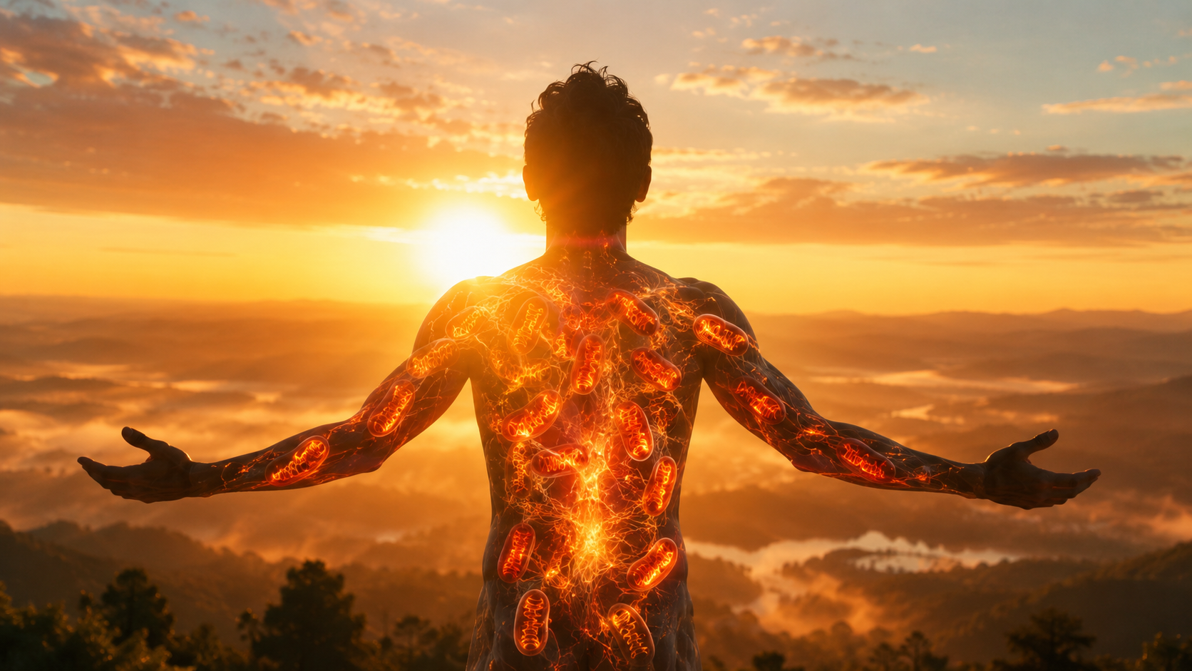 A person standing silhouetted against a brilliant sunrise, arms slightly raised, golden hour light streaming through their body creating a translucent glow effect showing internal mitochondria as glowing orange-red energy centers. Warm amber and gold tones, misty morning atmosphere. A person standing silhouetted against a brilliant sunrise, arms slightly raised, golden hour light streaming through their body creating a translucent glow effect showing internal mitochondria as glowing orange-red energy centers. Warm amber and gold tones, misty morning atmosphere.