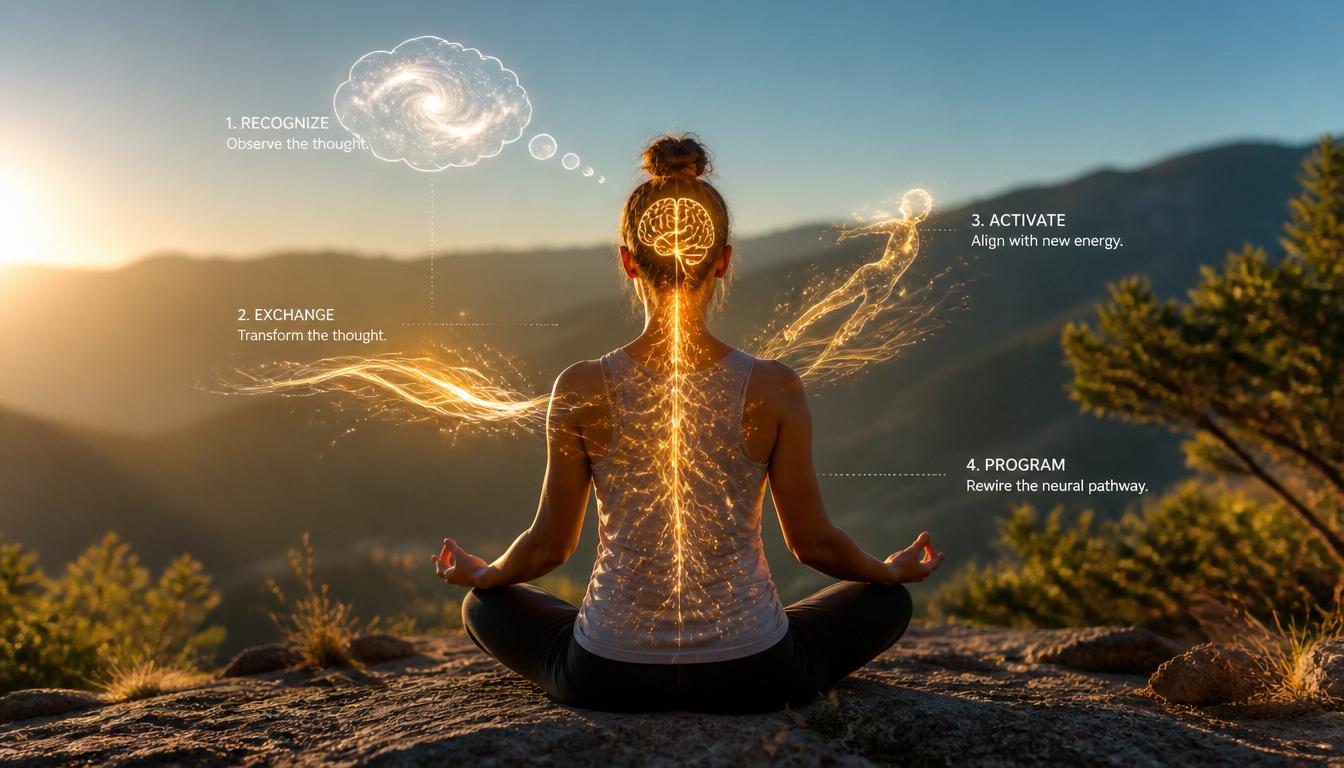 Photorealistic conceptual image showing a person meditating outdoors in natural sunlight, with subtle visual overlays representing the REAP framework: Recognize (thought bubble), Exchange (light transformation), Activate (movement energy), Program (neural pathways glowing). Natural outdoor setting, scientific yet spiritual aesthetic. Photorealistic conceptual image showing a person meditating outdoors in natural sunlight, with subtle visual overlays representing the REAP framework: Recognize (thought bubble), Exchange (light transformation), Activate (movement energy), Program (neural pathways glowing). Natural outdoor setting, scientific yet spiritual aesthetic.