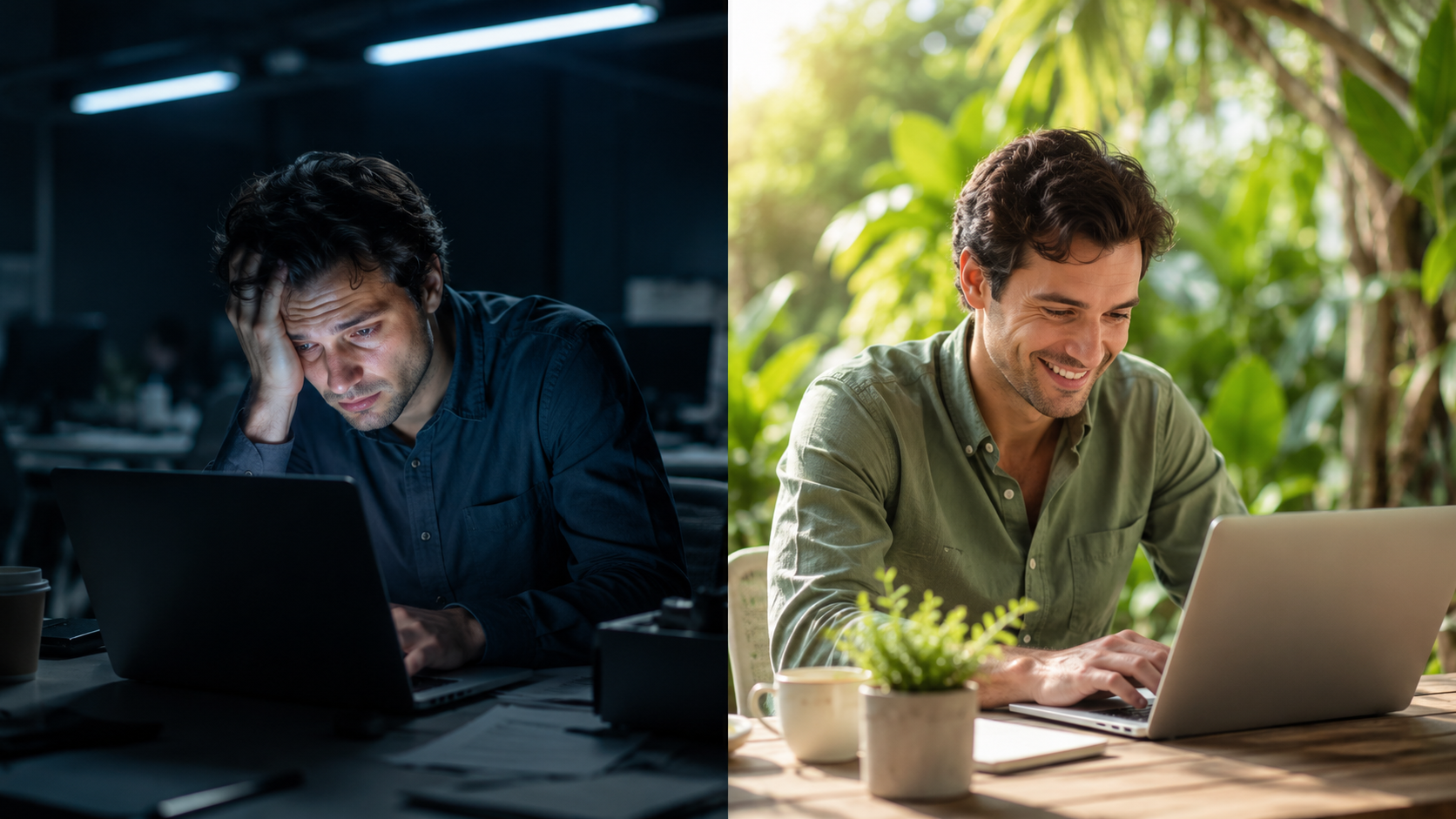 Photorealistic split composition showing left side: person hunched over laptop in dim office with harsh blue LED lighting, looking tired; right side: same person vibrant and energized working outside in natural sunlight with plants and greenery. Clear visual contrast between depleted and energized states. Photorealistic split composition showing left side: person hunched over laptop in dim office with harsh blue LED lighting, looking tired; right side: same person vibrant and energized working outside in natural sunlight with plants and greenery. Clear visual contrast between depleted and energized states.