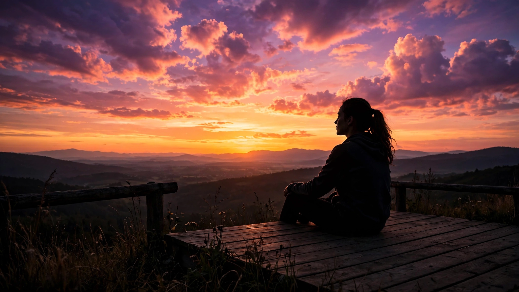 A person sitting peacefully watching a spectacular sunset, warm orange-pink-purple sky gradient, silhouette with relaxed posture, sense of completion and gratitude. Natural outdoor setting on a deck, cinematic lighting, inspirational mood. A person sitting peacefully watching a spectacular sunset, warm orange-pink-purple sky gradient, silhouette with relaxed posture, sense of completion and gratitude. Natural outdoor setting on a deck, cinematic lighting, inspirational mood.