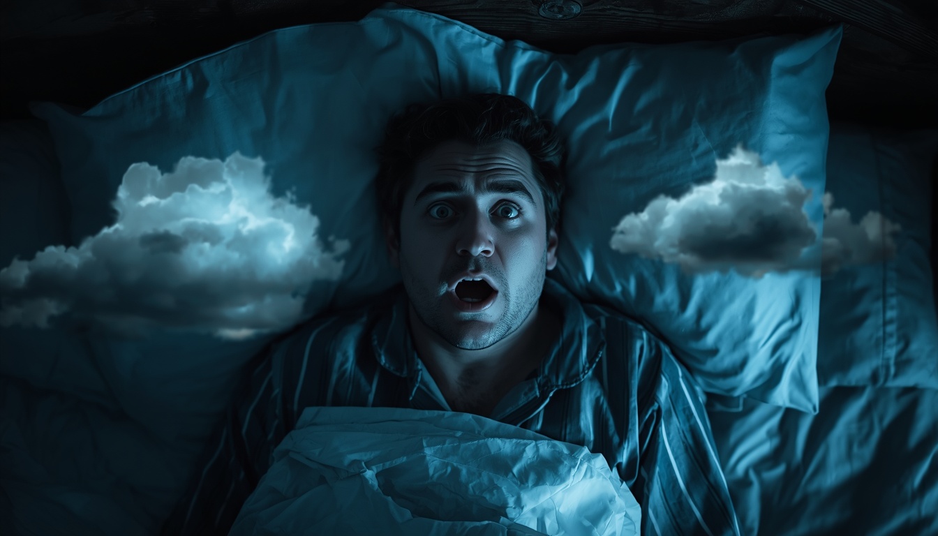A person waking up suddenly in bed at night, sweat on forehead, alarmed expression, dark room with moonlight, but with subtle visual metaphor of storm clouds or warning signals dissolving around them, representing the brain's warning system. A person waking up suddenly in bed at night, sweat on forehead, alarmed expression, dark room with moonlight, but with subtle visual metaphor of storm clouds or warning signals dissolving around them, representing the brain's warning system.