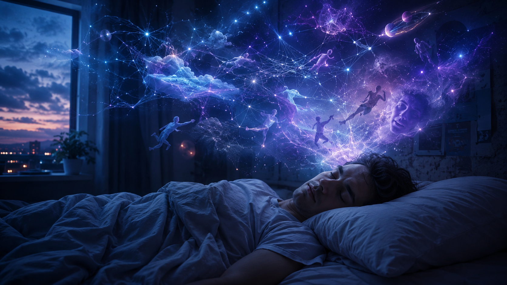 A person peacefully sleeping in a dark bedroom at dawn, with ethereal glowing neural network patterns and dreamlike imagery (flying figures, falling stars, abstract emotions) floating above their head like a visual representation of brain activity during sleep. A person peacefully sleeping in a dark bedroom at dawn, with ethereal glowing neural network patterns and dreamlike imagery (flying figures, falling stars, abstract emotions) floating above their head like a visual representation of brain activity during sleep.
