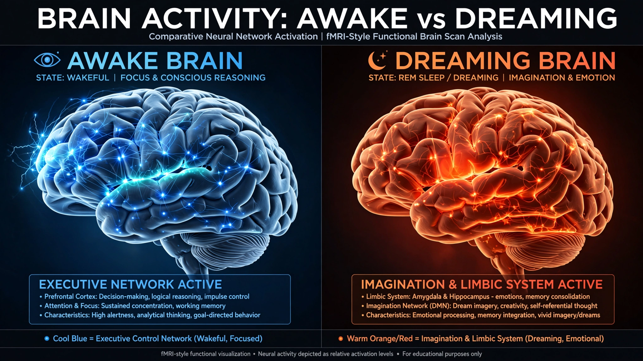 Split-screen photorealistic comparison showing two human brain scans side by side: left side shows an awake brain with bright executive network activation in cool blue tones, right side shows a dreaming brain with imagination network and limbic system lit up in warm orange and red tones. Split-screen photorealistic comparison showing two human brain scans side by side: left side shows an awake brain with bright executive network activation in cool blue tones, right side shows a dreaming brain with imagination network and limbic system lit up in warm orange and red tones.
