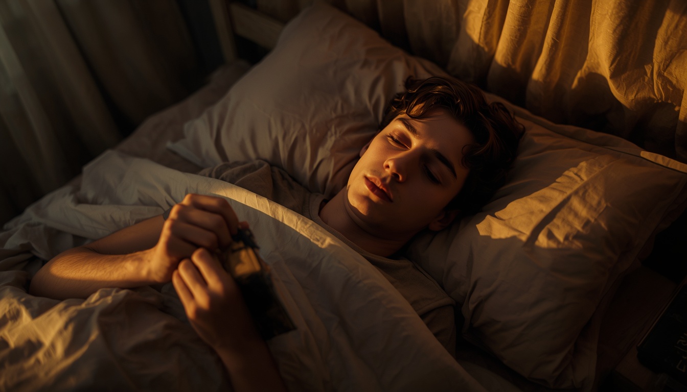 A person lying in bed in the early morning, soft golden dawn light filtering through curtains, eyes partially open in that groggy state between sleep and wakefulness. A person lying in bed in the early morning, soft golden dawn light filtering through curtains, eyes partially open in that groggy state between sleep and wakefulness.