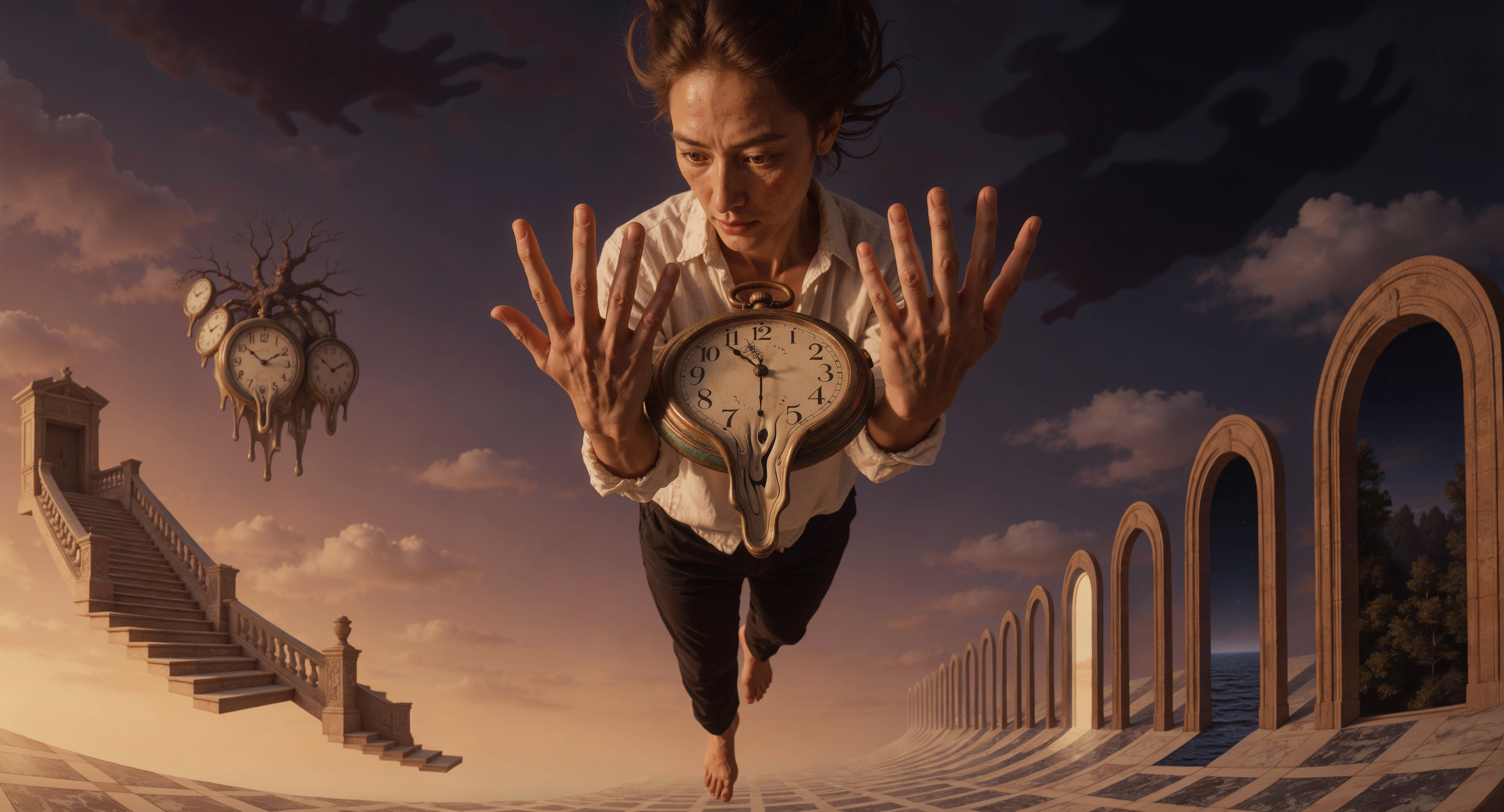 Surreal photorealistic image of a person floating mid-air in a dreamscape, looking at their own hands which have an extra finger, checking an antique clock with melting distorted numbers, surrounded by impossible architecture and dream logic elements. Surreal photorealistic image of a person floating mid-air in a dreamscape, looking at their own hands which have an extra finger, checking an antique clock with melting distorted numbers, surrounded by impossible architecture and dream logic elements.