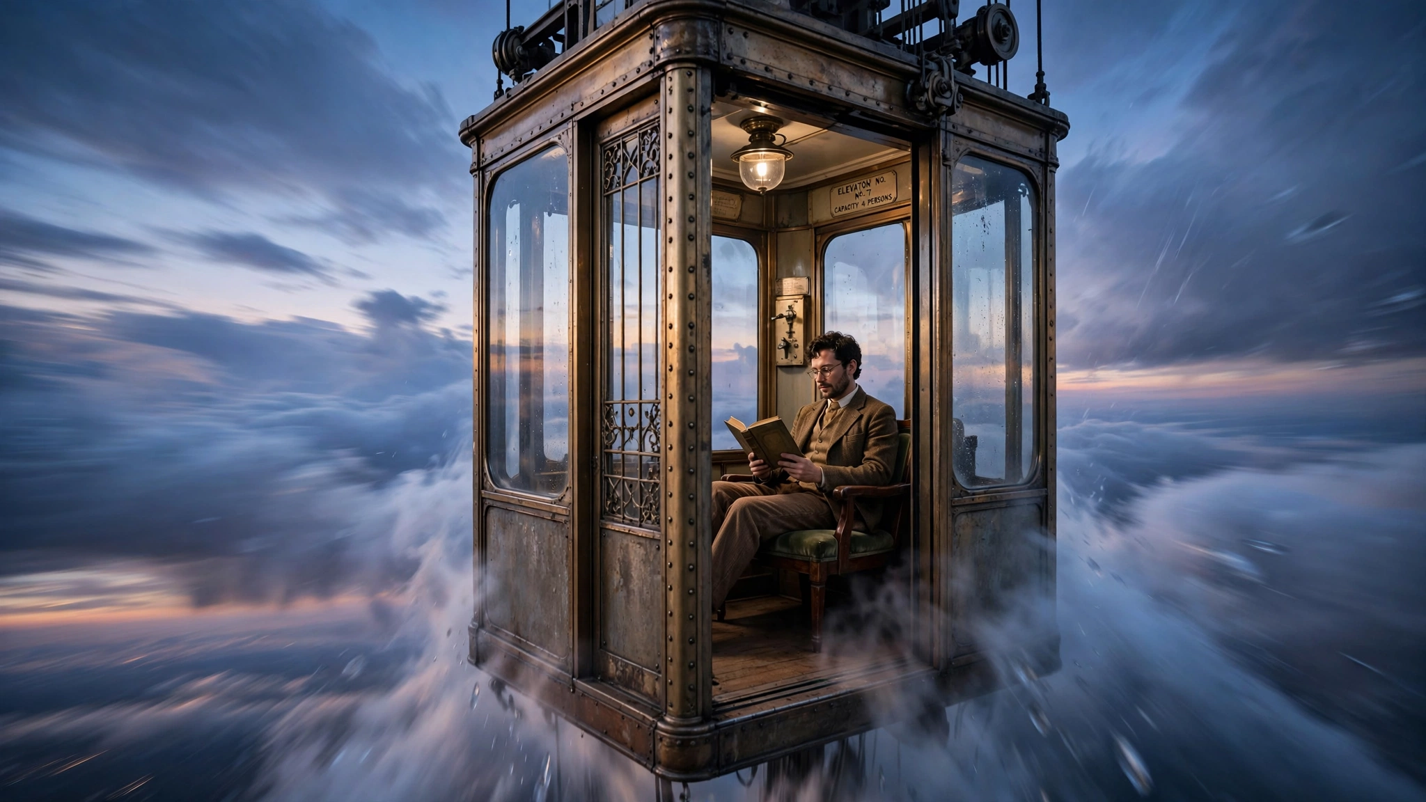 Photorealistic surreal image of a vintage, glass-walled elevator plummeting downwards through a cloudy, twilight sky. Inside the elevator, a person is sitting calmly in a chair, reading a book, completely unfazed, while the outside world is a blur of motion. Symbolizes the contrast between emotional dream states and logical reality. Photorealistic surreal image of a vintage, glass-walled elevator plummeting downwards through a cloudy, twilight sky. Inside the elevator, a person is sitting calmly in a chair, reading a book, completely unfazed, while the outside world is a blur of motion. Symbolizes the contrast between emotional dream states and logical reality.