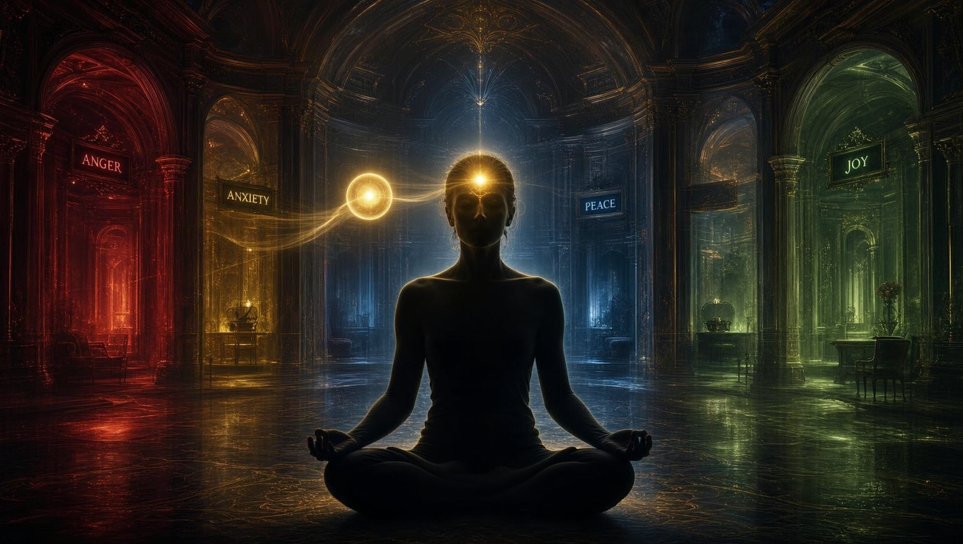 A human silhouette in meditation pose, with a brilliant golden orb of light (the awareness ball) positioned at their third eye area. The mind is visualized as a vast dark mansion with many rooms visible in translucent layers around them. Some rooms glow red (anger), yellow (anxiety), blue (peace), green (joy). The golden ball of light is moving between rooms. Ethereal, mystical atmosphere. 