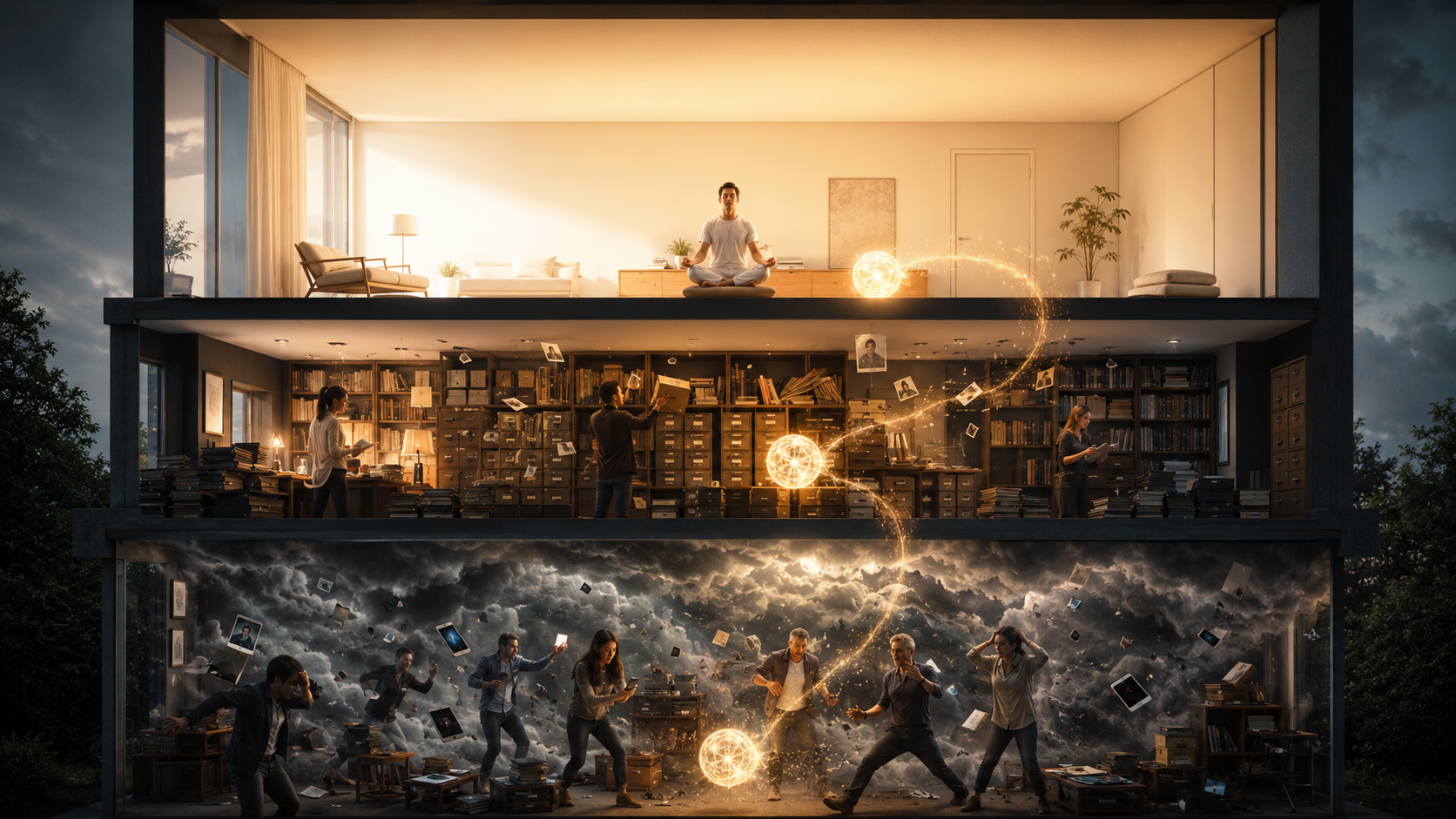 Photorealistic architectural visualization of a modern three-story house cut away to show interior. Ground floor is chaotic with swirling storm clouds, phones, distractions, busy people. Second floor is a library with filing cabinets, books stacked messily, memories floating. Third floor is serene, minimalist, bathed in pure white-gold light, peaceful. A glowing golden sphere (awareness) is shown on different floors in sequence.
