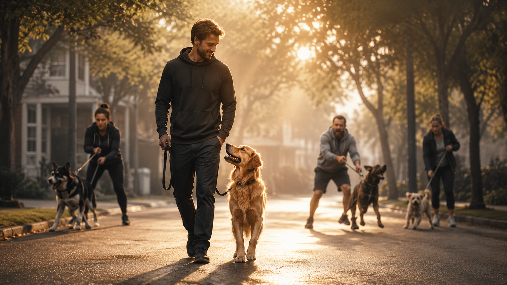 A person walking calmly down a peaceful street at sunrise. Beside them walks a golden retriever on a loose leash, perfectly attentive, looking up at them with devotion. In the background, slightly blurred and desaturated, other people struggle with dogs pulling them in different directions, chaotic, stressed. The contrast between trained awareness (calm dog) and untrained awareness (chaotic dogs). 