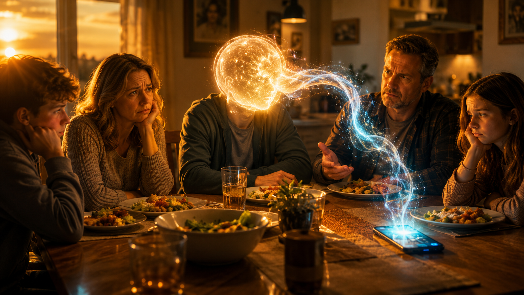 A person sitting at a dinner table with family, physically present but their head is literally glowing with a translucent ball of light floating away from them toward a smartphone on the table. The family members look disappointed. Warm golden hour lighting. Cinematic composition. The ball of light represents awareness drifting away. 