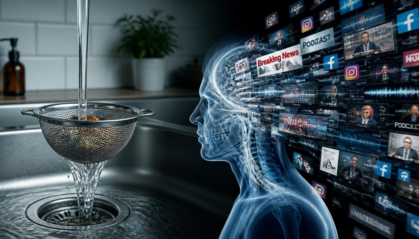 Photorealistic split composition. Left side: a pristine kitchen sink with a metal strainer catching debris, clean water flowing through, organized, peaceful. Right side: a human head in profile, transparent, being flooded with chaotic streams of information—phone screens, news headlines, social media icons, podcast waves, TV screens—all pouring in with no filter, overflowing, messy. Visual metaphor for mental filters.