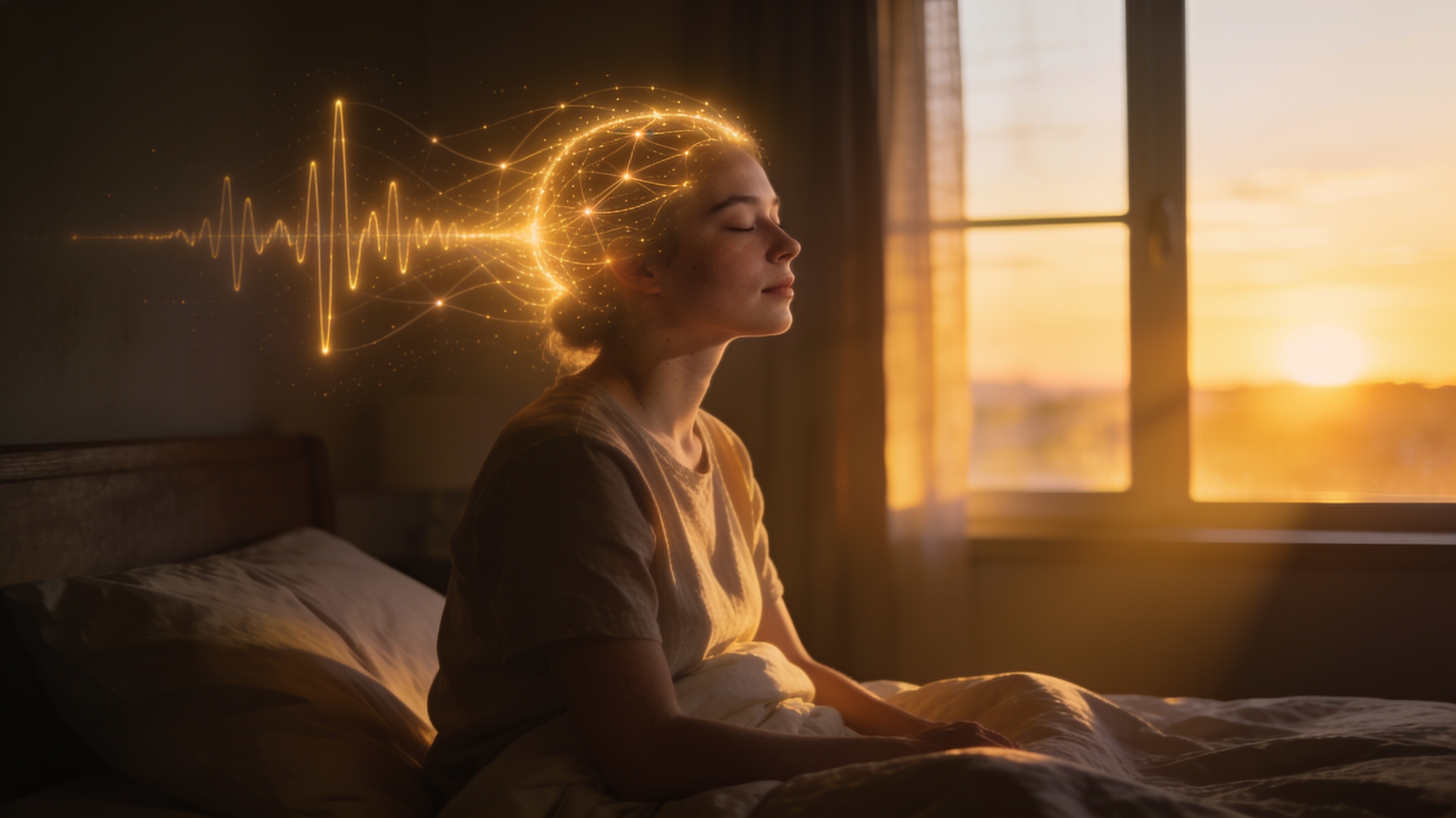 A person sitting up in bed in a serene, dimly lit bedroom at dawn. Soft, warm golden morning light (the 4:44 AM vibe) is streaming through the window. The person has their eyes gently closed, looking peaceful, centered, and focused. A subtle, beautiful, glowing golden aura or soft neural-light network surrounds their head, representing the theta brainwave state and mental programming. 