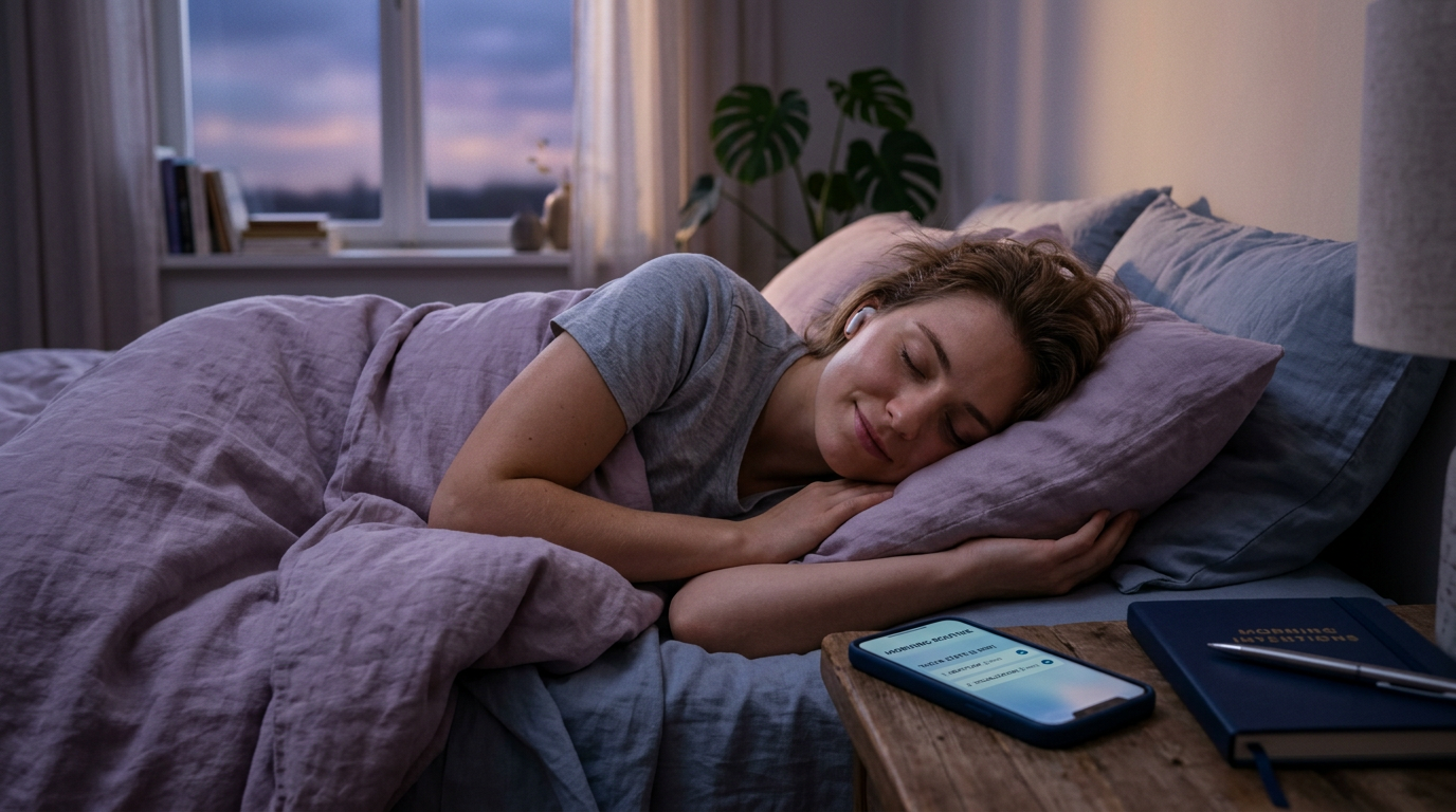 A person in bed during the theta state—just waking, soft diffused light, peaceful expression, journal or phone nearby showing the 5-minute routine, representing the programming window.