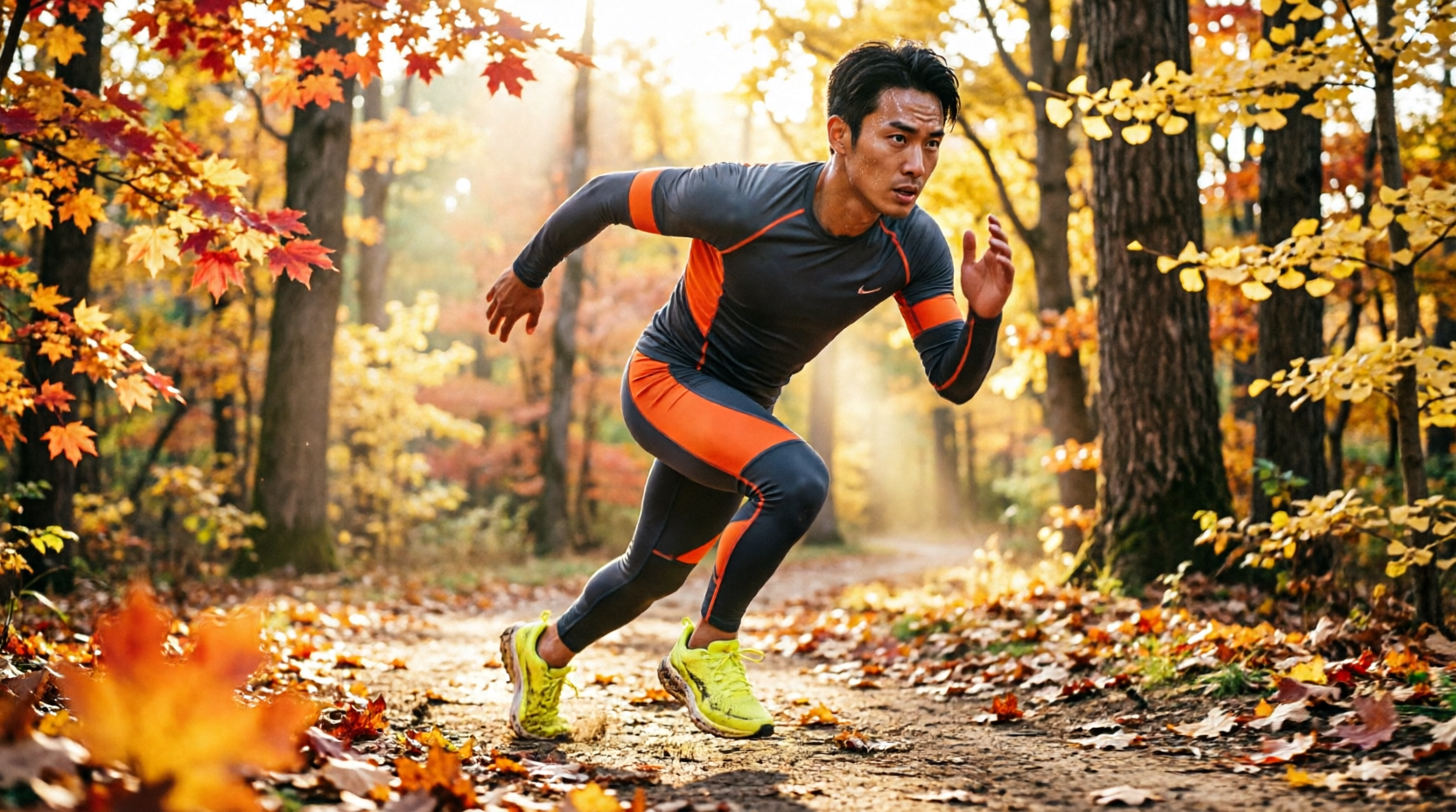 A person taking action—mid-stride running, dynamic motion blur, golden hour lighting, determined expression, representing the "Activate with Action" step.