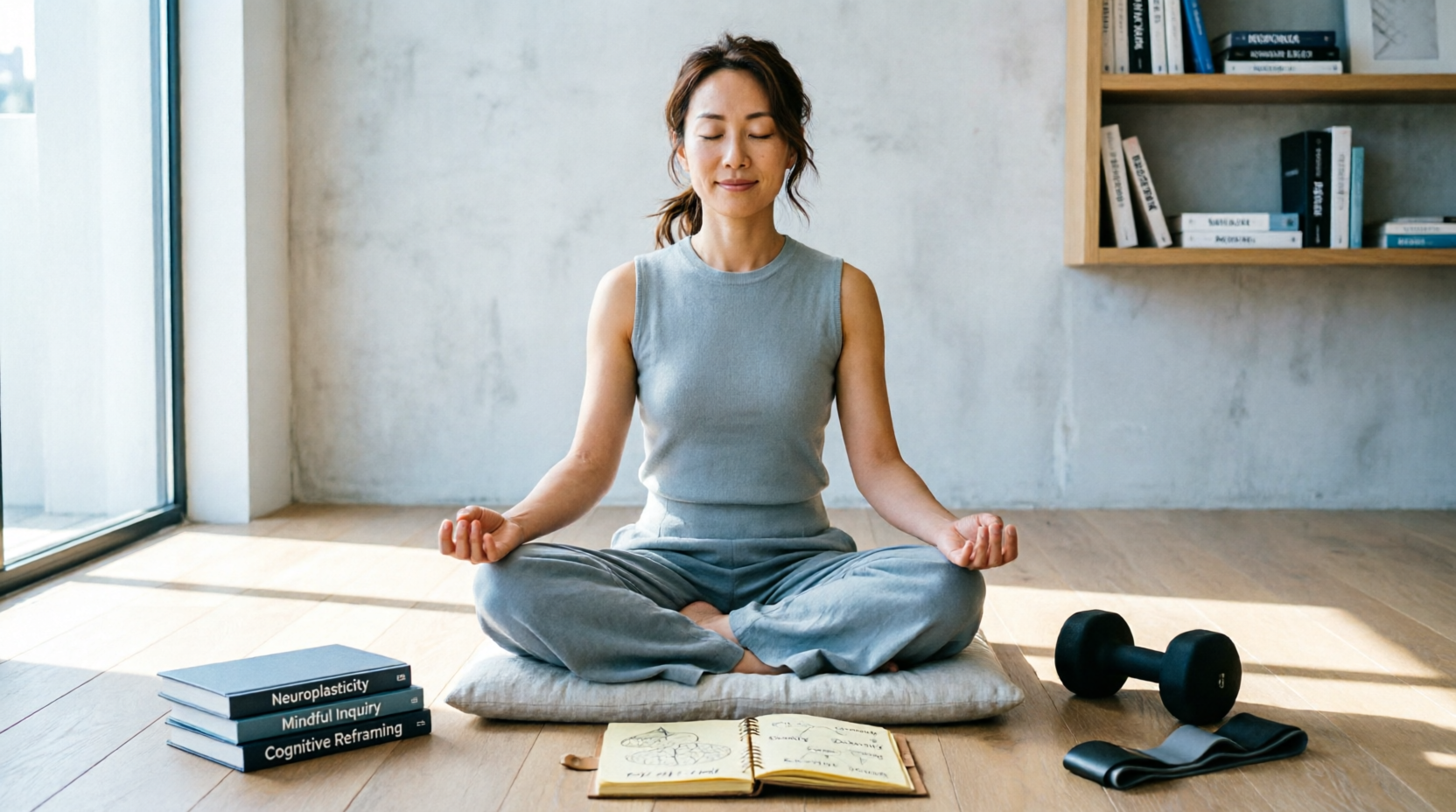 A person in a quiet meditation space or "mental lab," journal open, soft morning light streaming through window, peaceful but focused expression, surrounded by books and training equipment, representing the mental work of transformation.