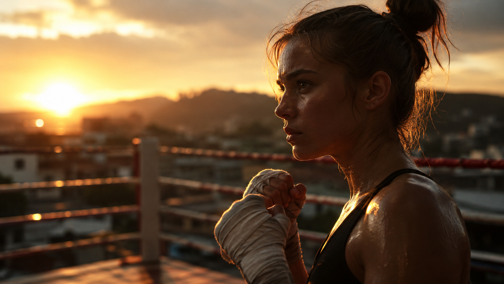 A determined person at dawn, standing at the edge of an outdoor boxing ring, backlit by golden sunrise light, sweat on their face, fists wrapped, looking resolute and ready to fight, cinematic lighting, shallow depth of field, motivational atmosphere.