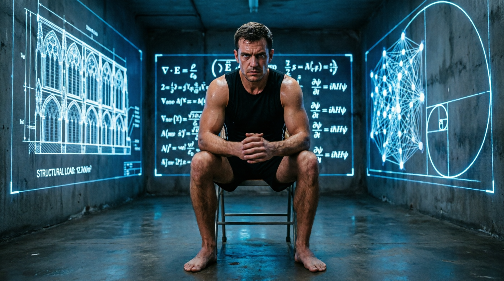 An individual sitting in a dark room with glowing blueprints and mathematical equations projected onto the walls around them, symbolizing the "Mental Lab."