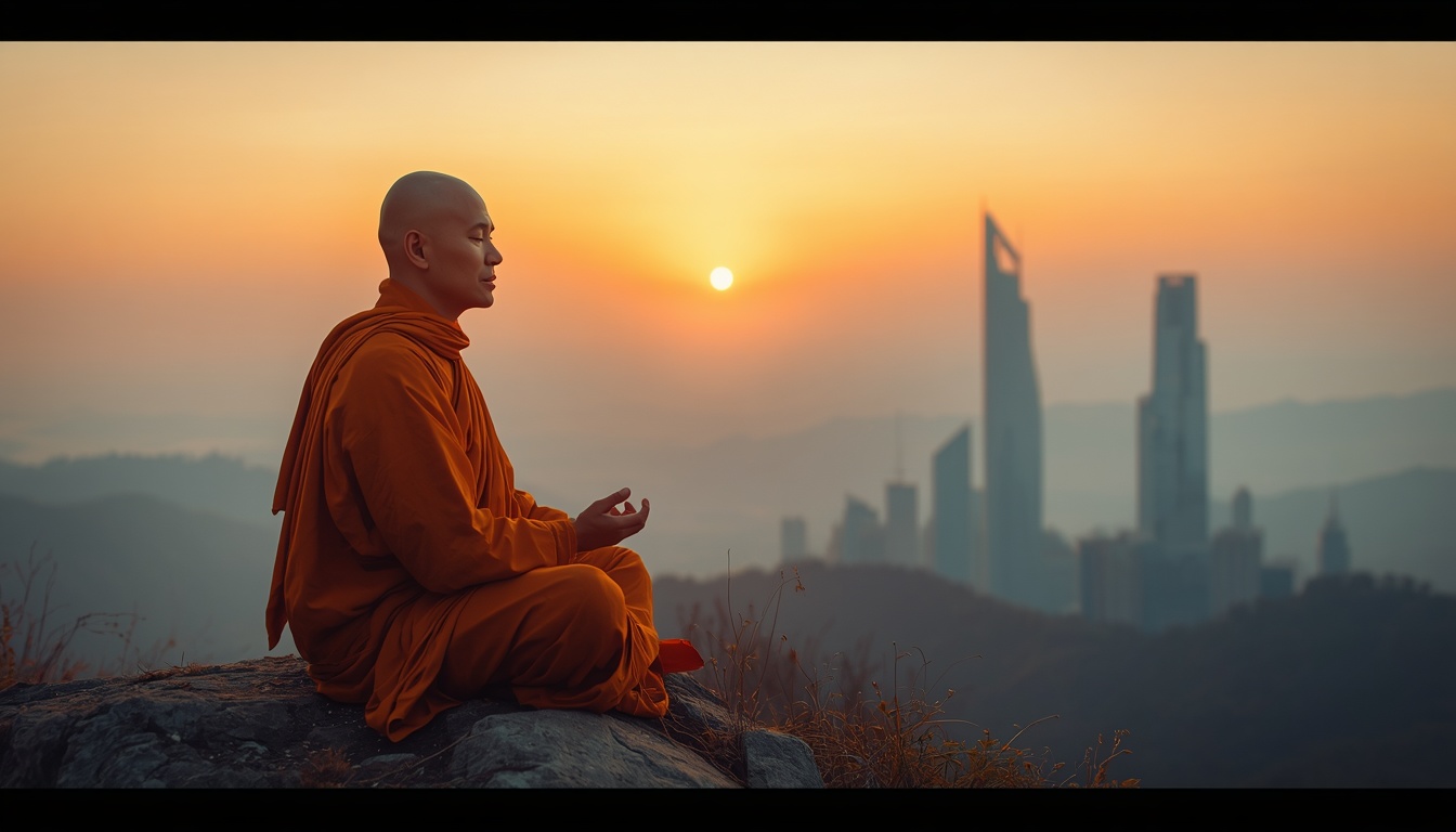 A serene monk in orange robes sitting cross-legged on a mountaintop at sunrise, overlooking a modern glass skyline in the distance. His eyes are peacefully closed, hands in a mudra, a subtle golden aura around him. The composition contrasts ancient wisdom (foreground) with modern civilization (background). A serene monk in orange robes sitting cross-legged on a mountaintop at sunrise, overlooking a modern glass skyline in the distance. His eyes are peacefully closed, hands in a mudra, a subtle golden aura around him. The composition contrasts ancient wisdom (foreground) with modern civilization (background).