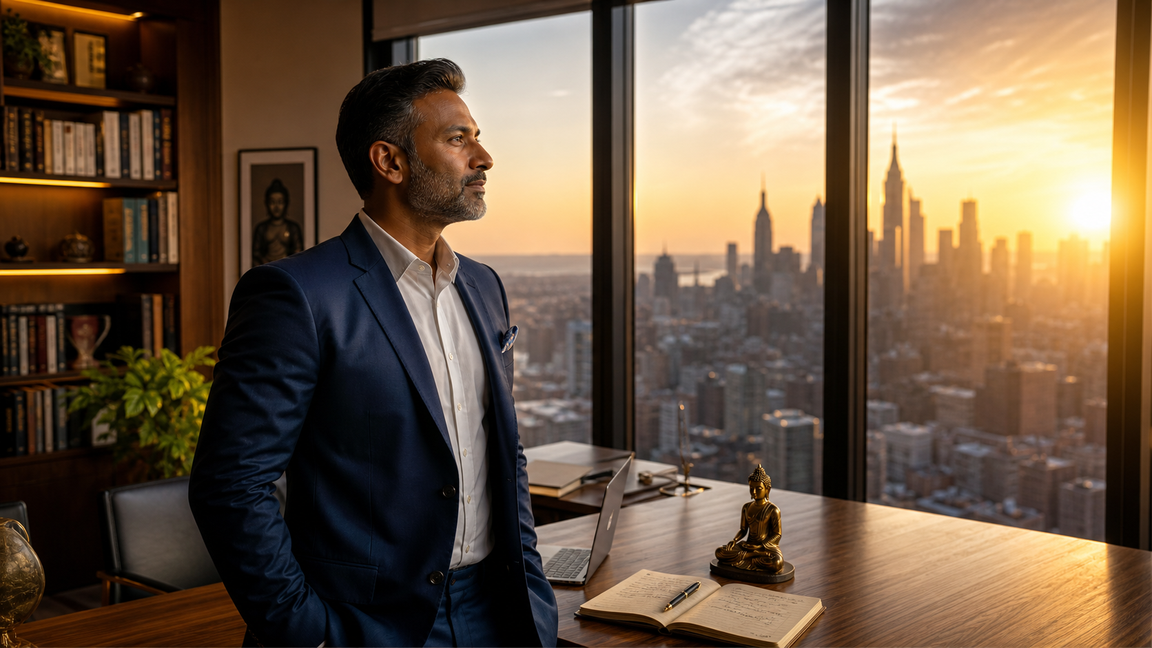 A wise, calm Indian-American man in his late 40s wearing a sharp modern navy blazer, standing in a sunlit high-rise office overlooking a glowing city skyline at sunrise. Golden hour light streams through floor-to-ceiling windows, illuminating a wooden desk with an open notebook, a fountain pen, and a small brass Buddha statue beside a modern laptop. The atmosphere blends monastic serenity with executive power. A wise, calm Indian-American man in his late 40s wearing a sharp modern navy blazer, standing in a sunlit high-rise office overlooking a glowing city skyline at sunrise. Golden hour light streams through floor-to-ceiling windows, illuminating a wooden desk with an open notebook, a fountain pen, and a small brass Buddha statue beside a modern laptop. The atmosphere blends monastic serenity with executive power.