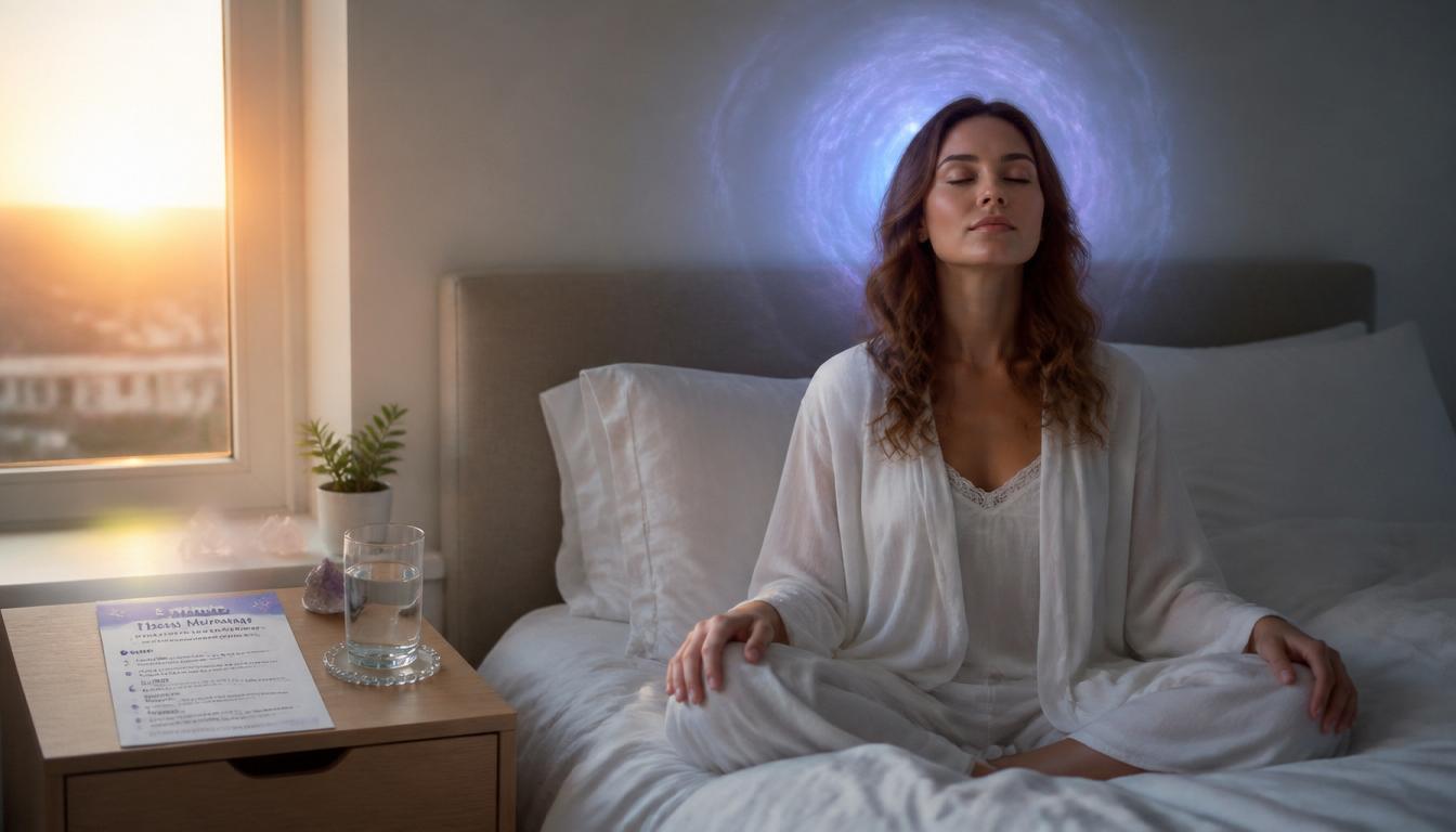 A person meditating peacefully in bed at dawn, soft golden light gently filling a minimalist bedroom, eyes closed, a subtle blue-violet glow around their head representing theta brainwaves. On the nightstand: a printed PDF titled '5-Minute Theta Mornings', a glass of water, a small crystal. A person meditating peacefully in bed at dawn, soft golden light gently filling a minimalist bedroom, eyes closed, a subtle blue-violet glow around their head representing theta brainwaves. On the nightstand: a printed PDF titled '5-Minute Theta Mornings', a glass of water, a small crystal.