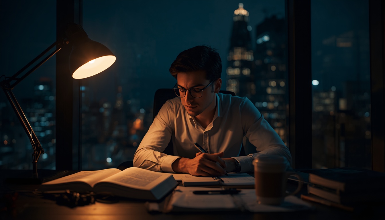 A young ambitious professional at a desk late at night, illuminated by a single warm desk lamp, surrounded by open books, a laptop showing stock charts, handwritten notes, and a steaming cup of coffee. City lights blur through the window behind him. A young ambitious professional at a desk late at night, illuminated by a single warm desk lamp, surrounded by open books, a laptop showing stock charts, handwritten notes, and a steaming cup of coffee. City lights blur through the window behind him.